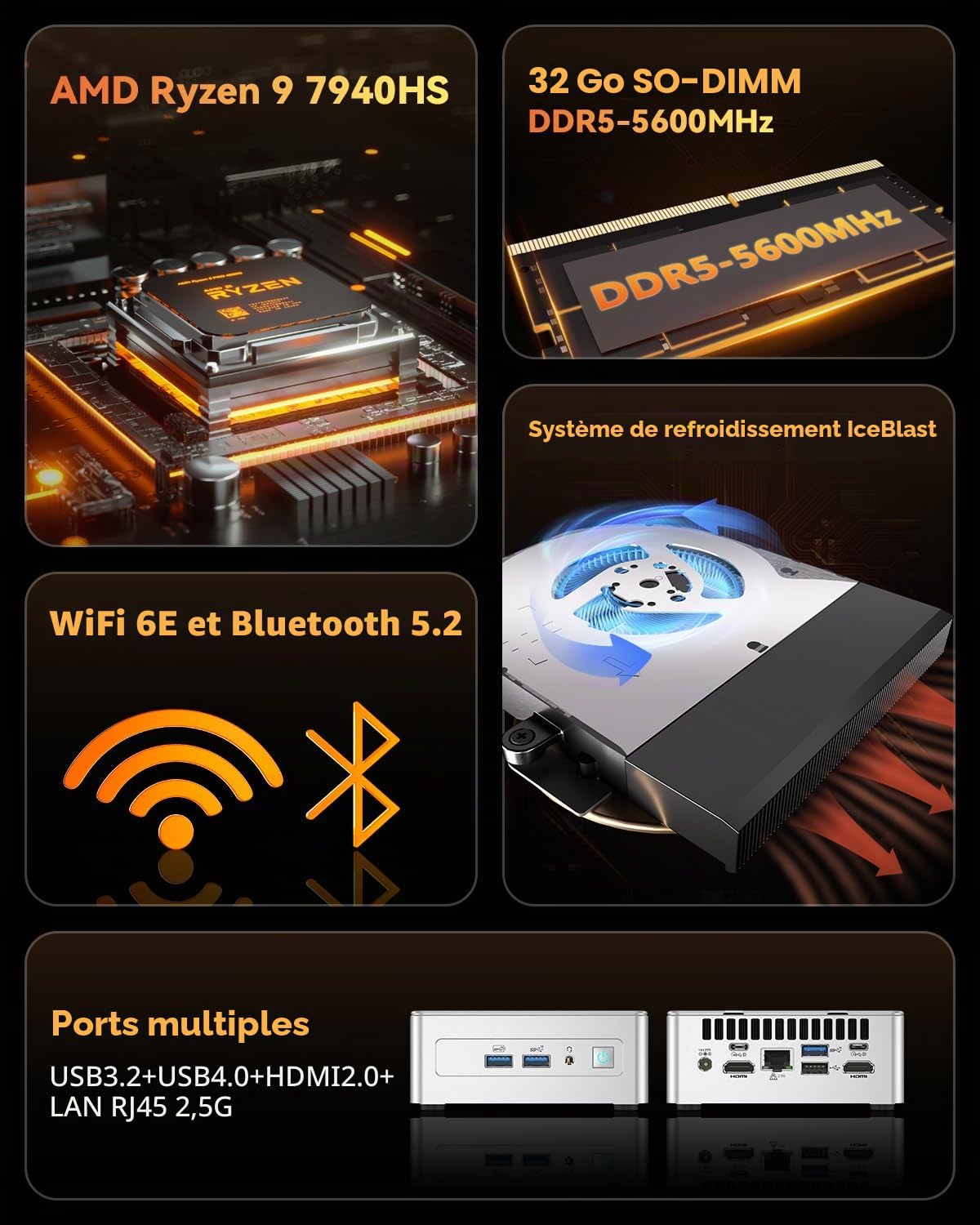 GEEKOM AE7 Mini PC - AMD Ryzen 9 7940HS(8 Coeurs 16 Threads, jusqu'à 5,2 GHz), 32GB DDR5 1TB SSD, Mini PC Window 11 Pro| USB 4 | WiFi 6E | BT5.2 | pour Joueurs, Design, Business