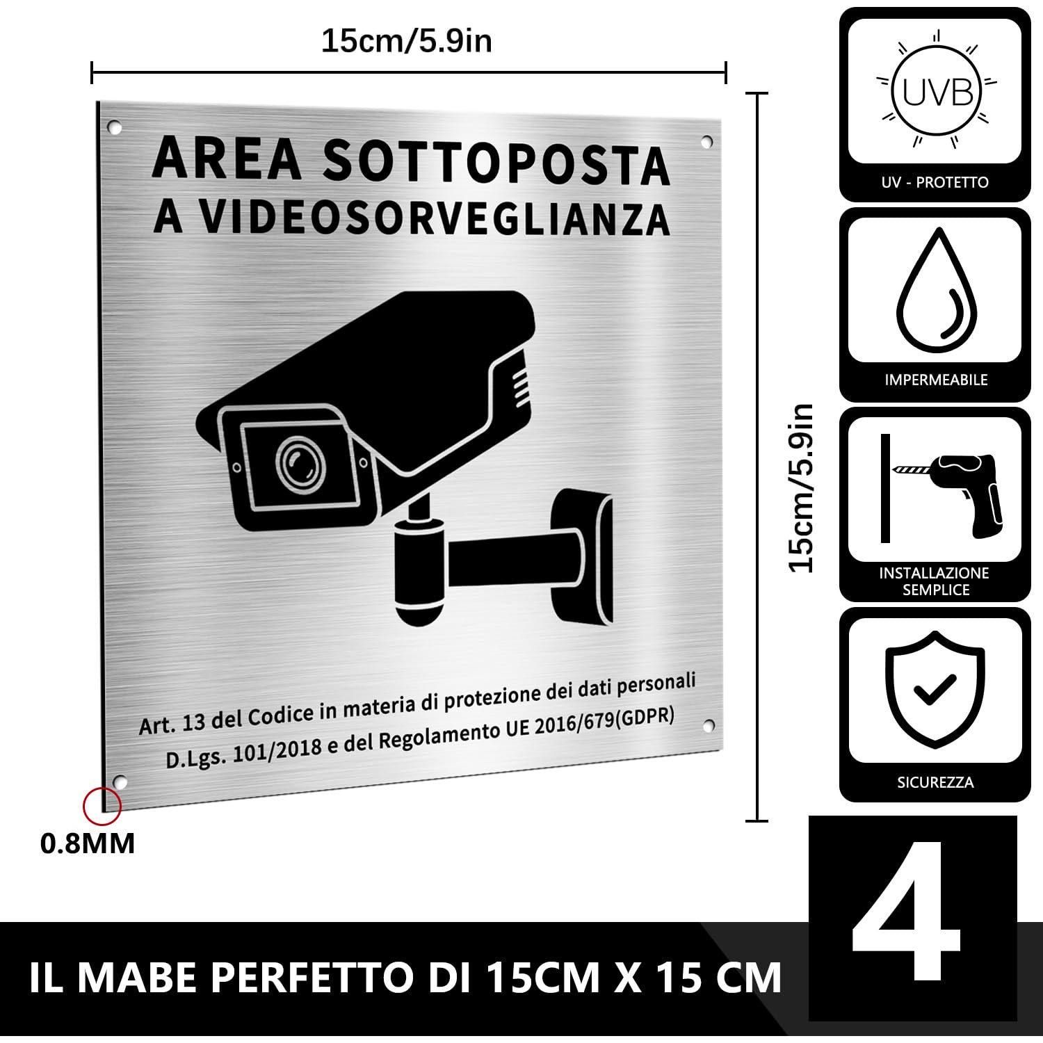PATRICHOR Aluminium Videoüberwachungsschild, 4 Stück, 15 x 15 cm, mit GDPR-Hinweis, für Haus und Geschäft, Innen- und Außenbereich, robust und langlebig