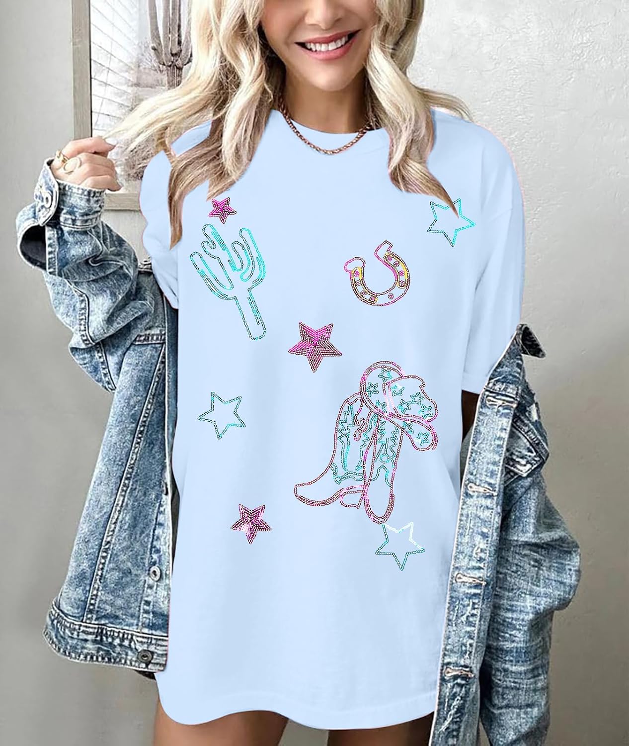 Boho Western Cowgirl Shirts for Women: Sequin Western Rodeo Graphic Tee Oversized Country Music Short Sleeve Top - Image 2