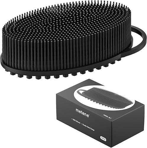 Metene Exfoliante corporal de silicona para ducha y baño, suave, enjabona bien, larga duración, color negro con lazo