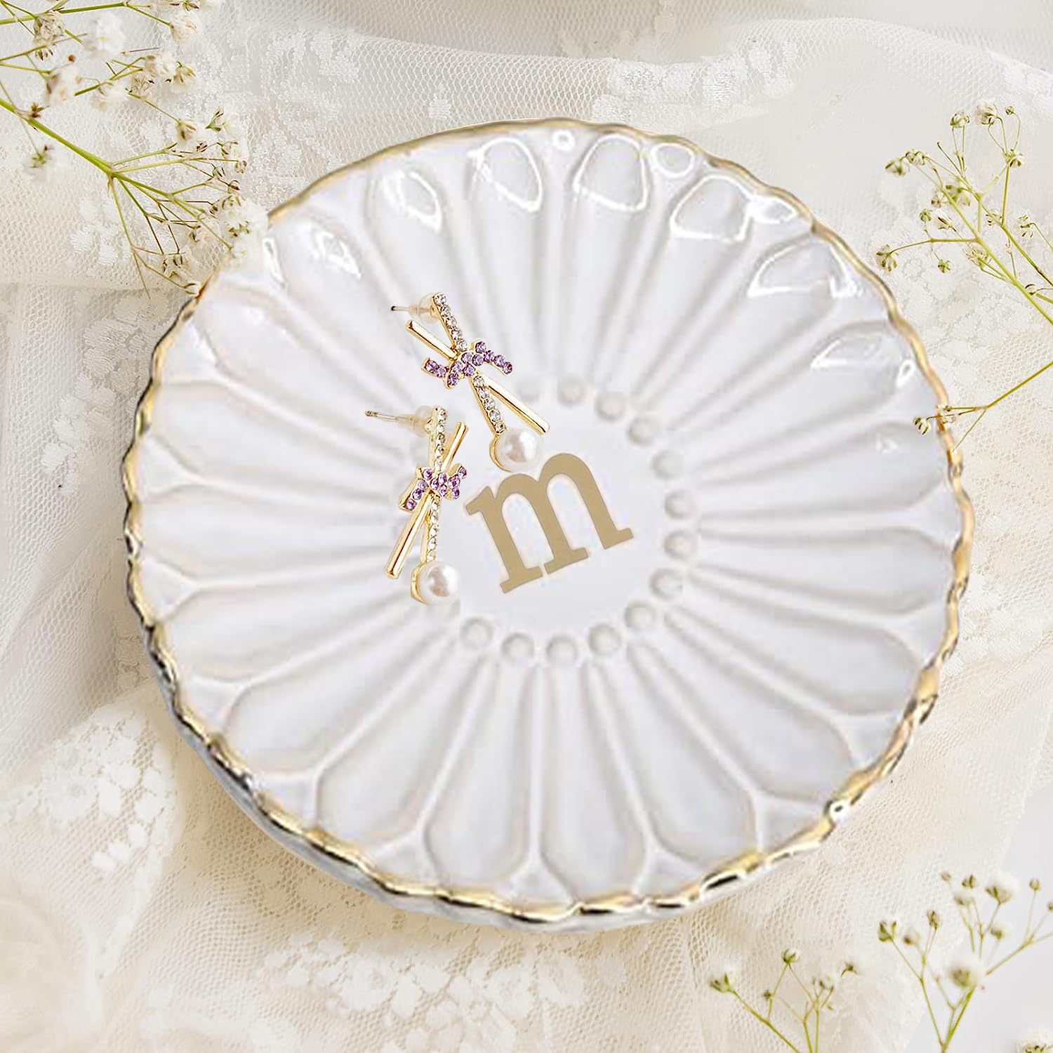 COLLECTIVE HOMESunflower Monogram Ceramic Tray, Custom Initial Jewelry Holder for Rings, Earrings, Necklaces, Personalized Gift for Her, Birthday, Wedding, Bridesmaid, 4.75" (m)