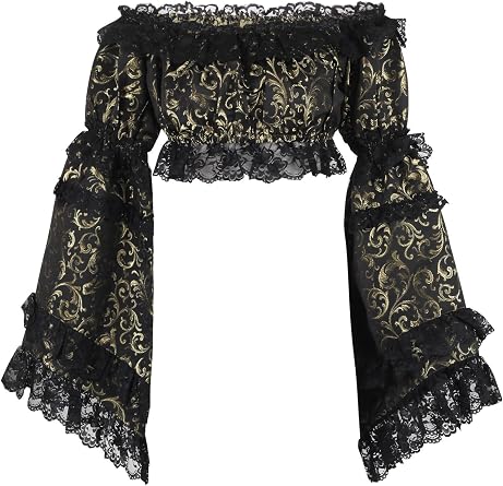 Daisy corsets Womens Gold/Black Brocade Smocked Flare Sleeve Peasant Top Blouse Fashion Off the Shoulder