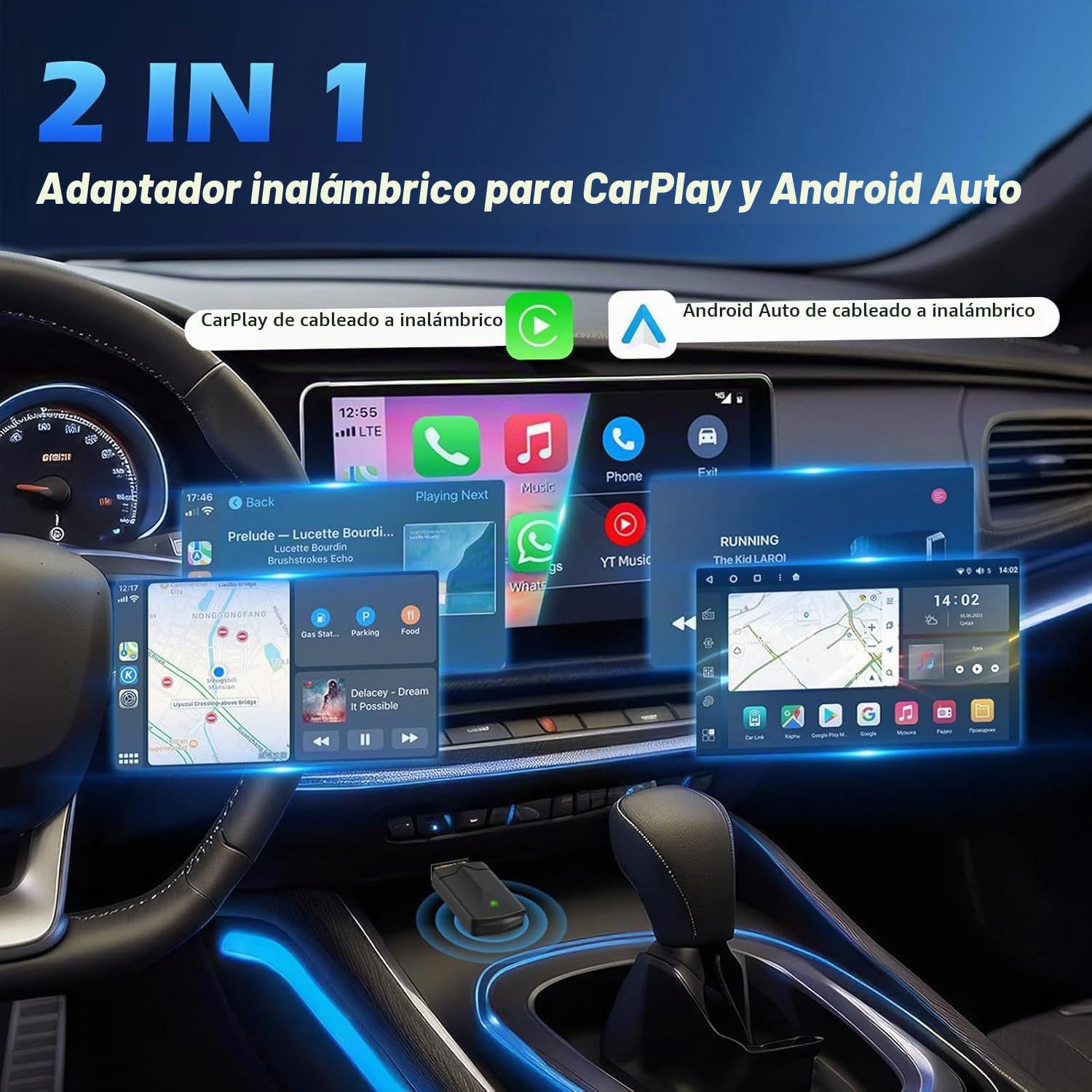 Adaptador Inalámbrico 2 en 1 para CarPlay y Android Auto, Convierte Conexión por Cable a Inalámbrica, Fácil de Conectar y Usar, USB C/A, Mini y Estable, Compatible con iOS 10+ y Android 11+
