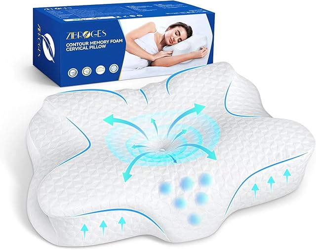 Zibroges Cervical Sleeping Pillow, Memory Foam Neck Pillow for Neck Head Shoulder, Ergonomic Contoured Support Bed Pillow for Side/Back/Stomach Sleepers with Removable Cover