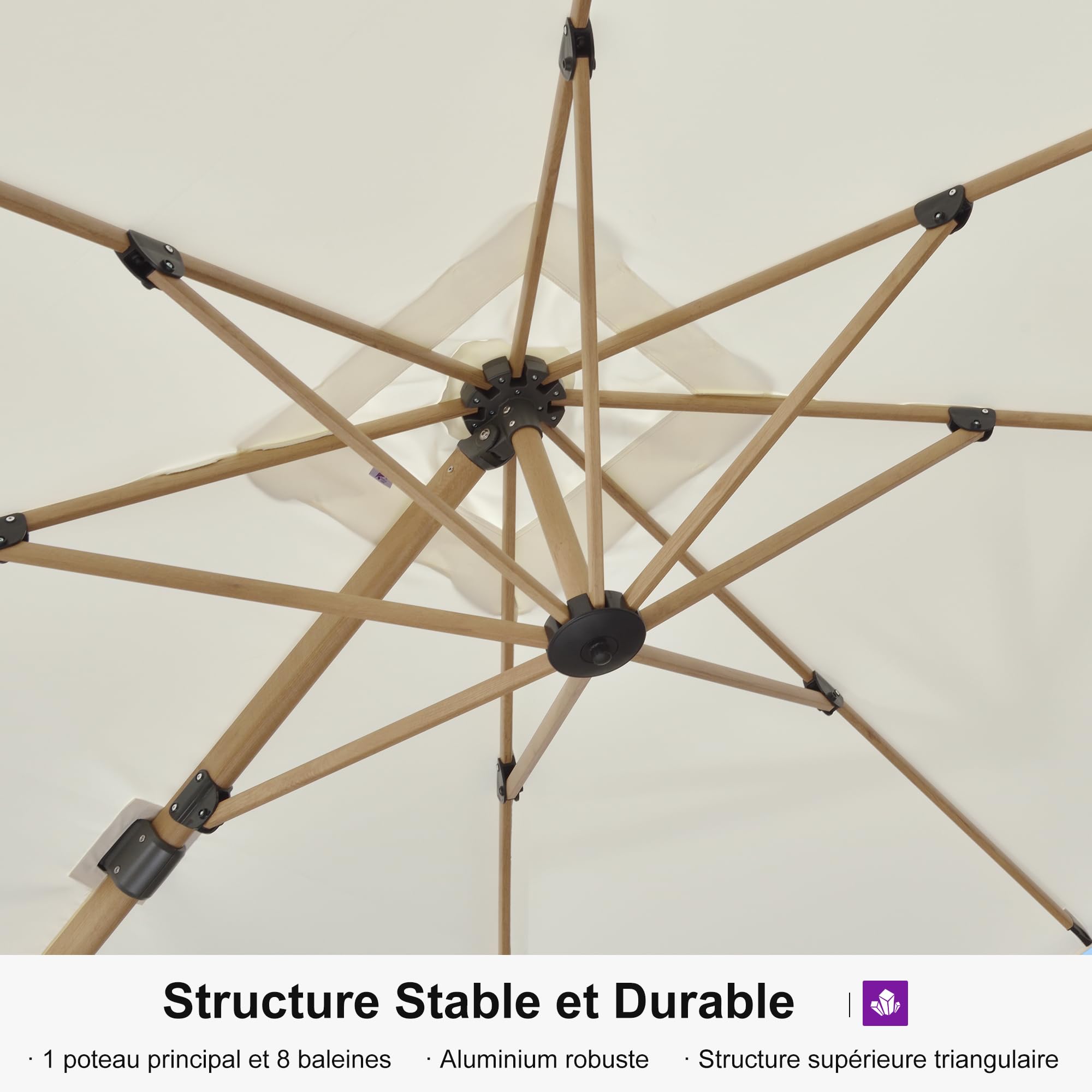 PURPLE LEAF Parasol Déporté 3 x 3 m Aluminium Effet Bois Crème Anti-Vent | Style champêtre, Parasol, UPF 50+, Tissu polyester 240 g/m², Résistant aux intempéries, 8 baleines renforcées, Terrasse