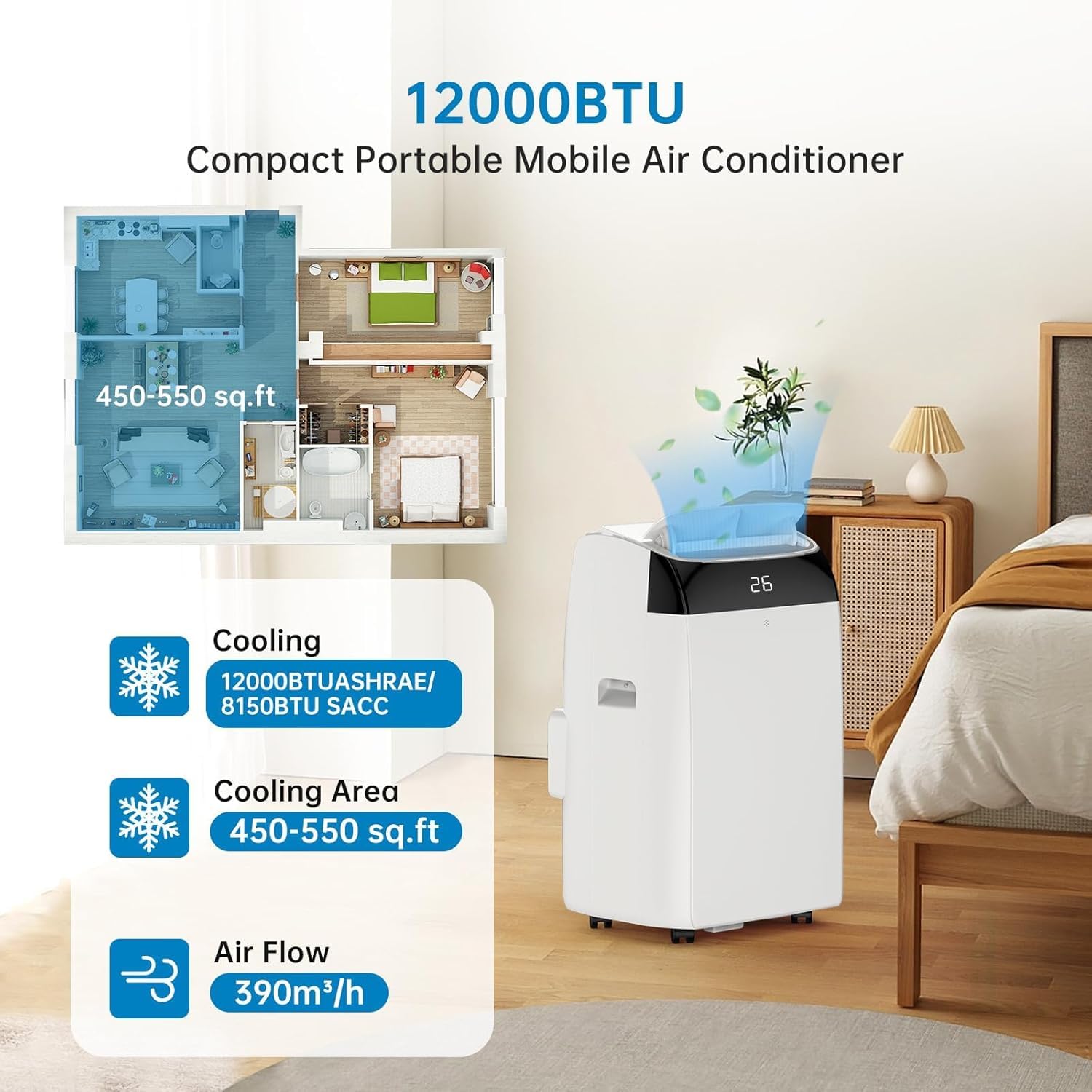 GarveeHome Condizionatore Portatile 12000 BTU 4in1 Funzionamento Silenzioso Display Digitale Telecomando Timer 24Ore Tubo Scarico Kit Finestra Raffreddamento fino 51m² Casa Ufficio (12000 BTU 4-in-1)