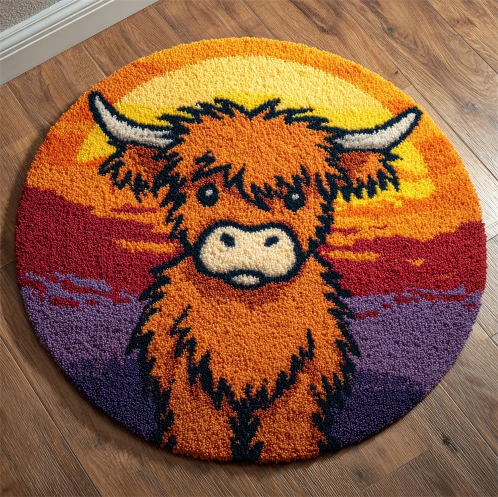 kitphoenix Latch Hook Kits for Adults, Sunset Highland Cow Cub