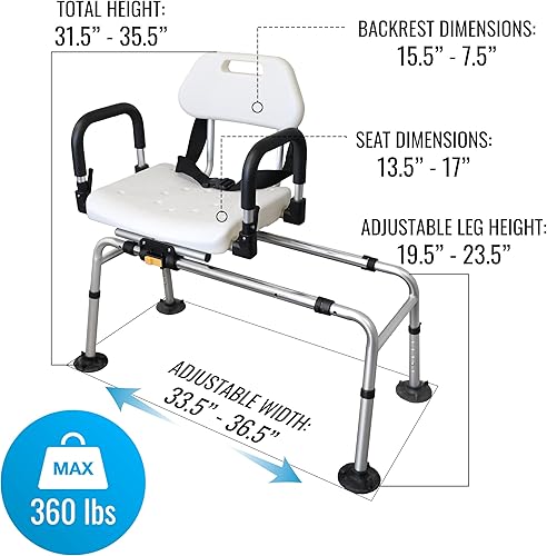 Miniatura 3 de DMI 360 Max Comfort Silla de Ducha Giratoria y Banco de Transferencia, Capacidad Extra Ancha de 360 lb, Brazos Antideslizantes y Acolchados, Cepillo
