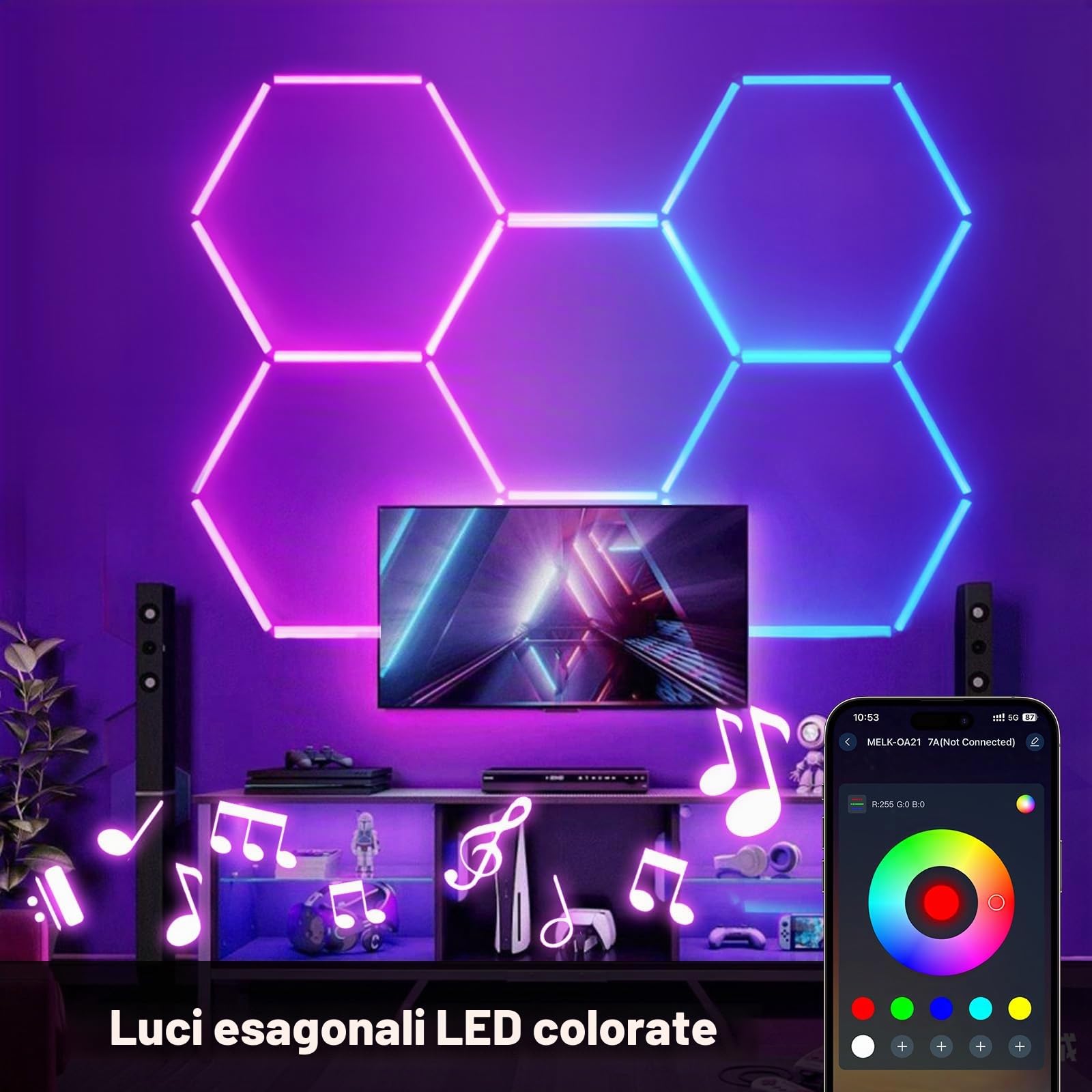 Illuminazione esagonale LED RGB 5 Hex 216W luci soffitto esagonali | dimmerabili collegabili Luci esagonali RGB con telecomando/app per per sale palestra, bar, sala giochi, garage, seminterrato