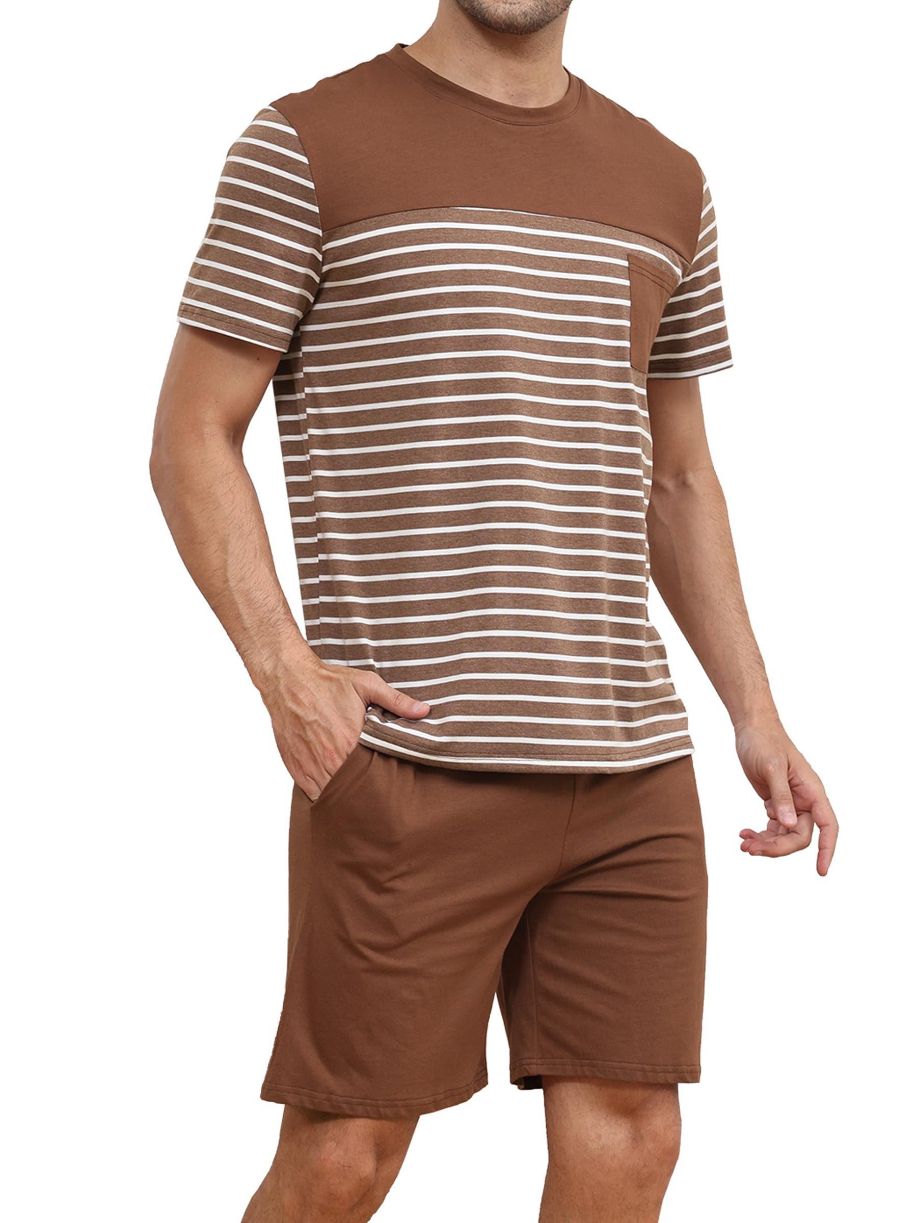 Reliwel Mens Short Pyjamas Set Pyjamas for Men Short Set Cotton Men's Striped Short Sleeve Pajama Set Pajamas Round Neck T-Shirt Sleepwear Set Nightwear Pj's Brown XXL