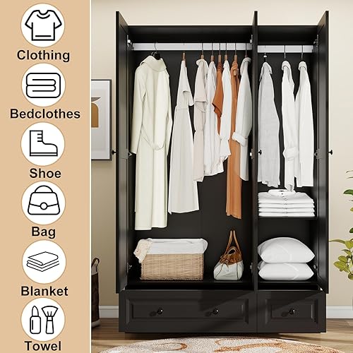 Miniatura 6 de Armario Armario con cajones: Armario de madera alto negro de 74 pulgadas para colgar ropa, Armarios grandes para dormitorio con 2 cajones, armario