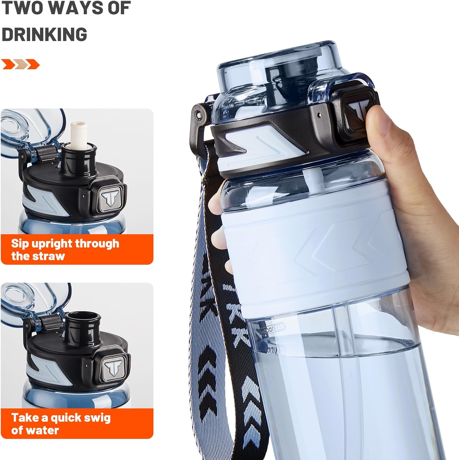 TKK Sports Water Bottles with Removable Straw 34 oz Leak-proof Flip Top Lid BPA Free Tritan Bottles with Strap for School, Fitness, Gym, Outdoor, Blue - Image 3