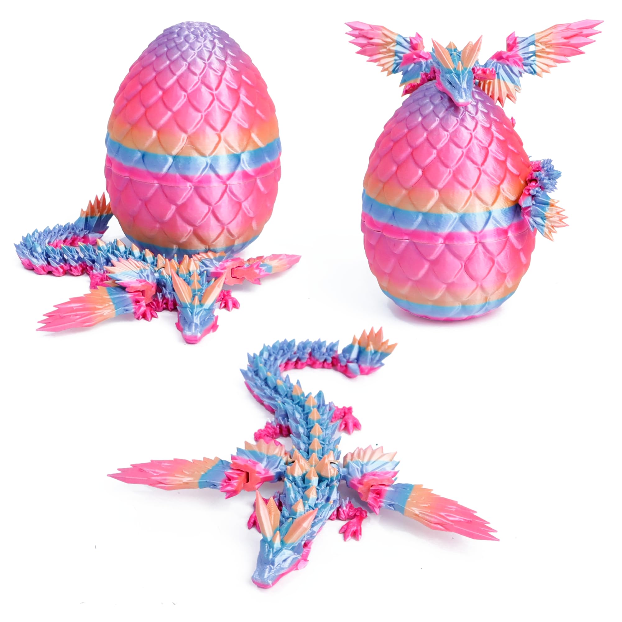 Flavery 3D Printed Flying Dragon in Egg - Rainbow Dino Easter Egg with 9" Winged Dragon Inside, Easter Basket Stuffers, Colorful Fidget Toy, Birthday