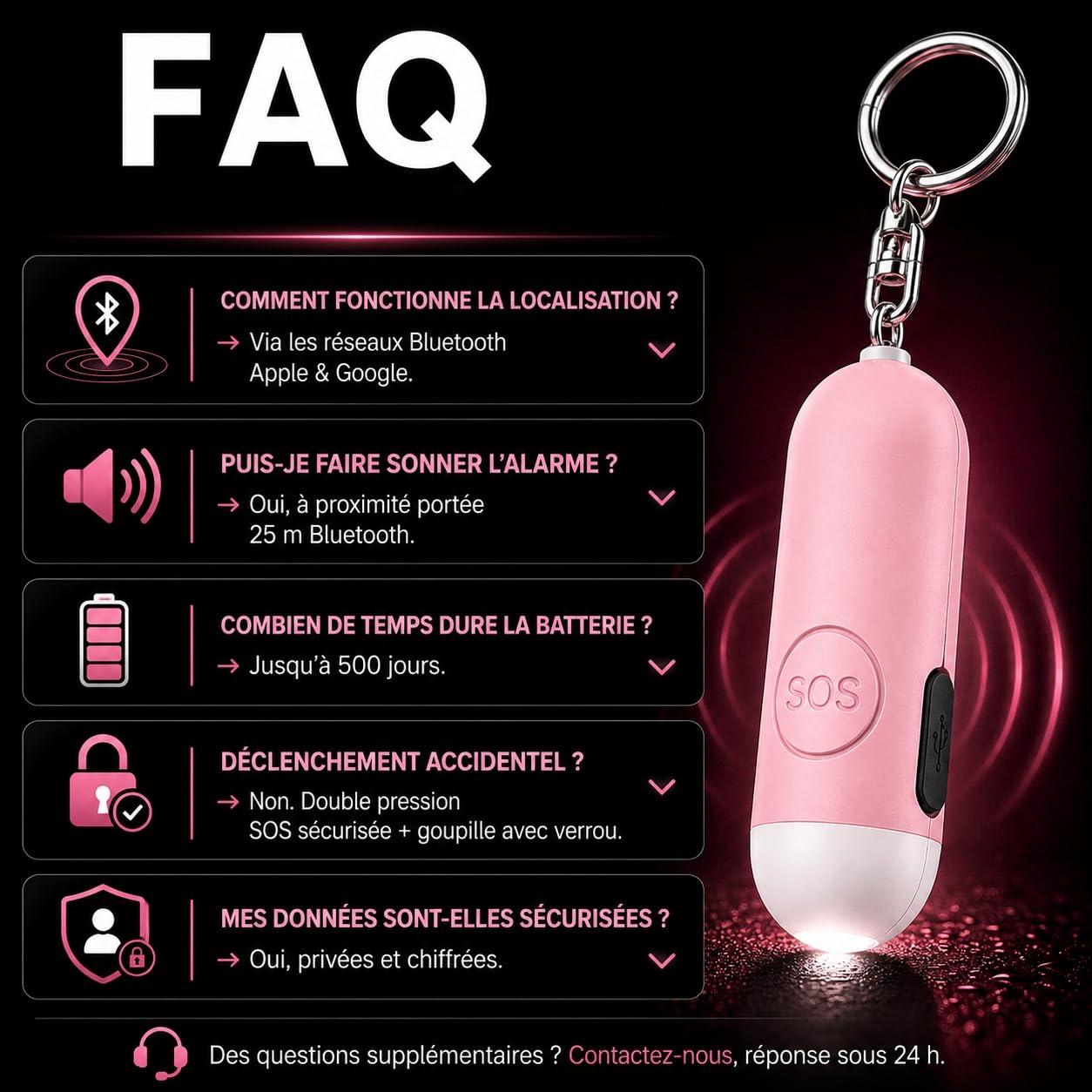 VOLTEK Safe Alarme Personnelle Anti Agression 130 DB Tracker Bluetooth, Compatible Apple FindMy iOS & Android, Alarme de Poche Self Defense, Porte-clés Sécurité, Flash LED, Bouton SOS, USB-C