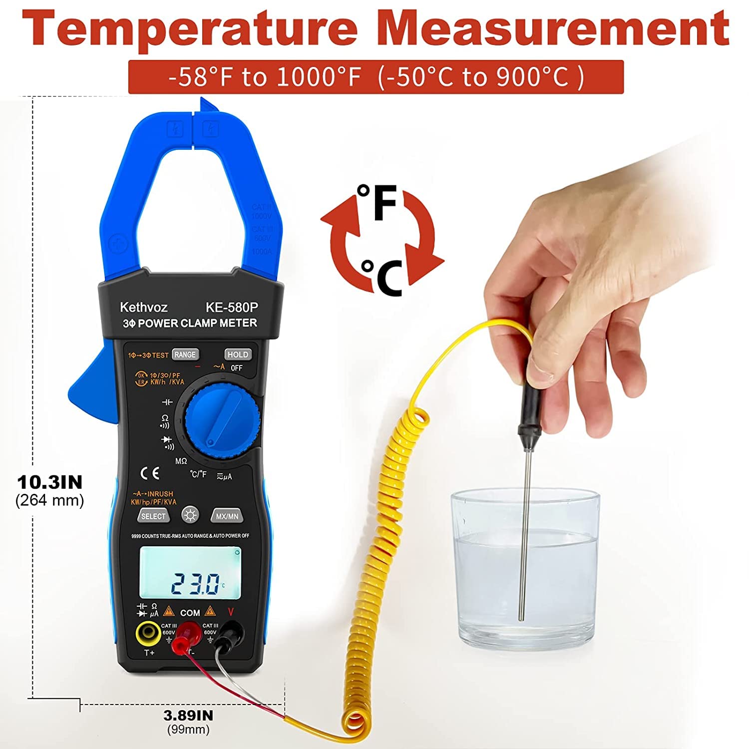 Pinza Amperometrica Multimetri 1000A, Kethvoz Monofase/Trifase a 3/4 Fili Multimetro Digitale Professionale Misura CC/CA Tensione AC/DC Corrente Fattore di Potenza Angolo di Fase 580P