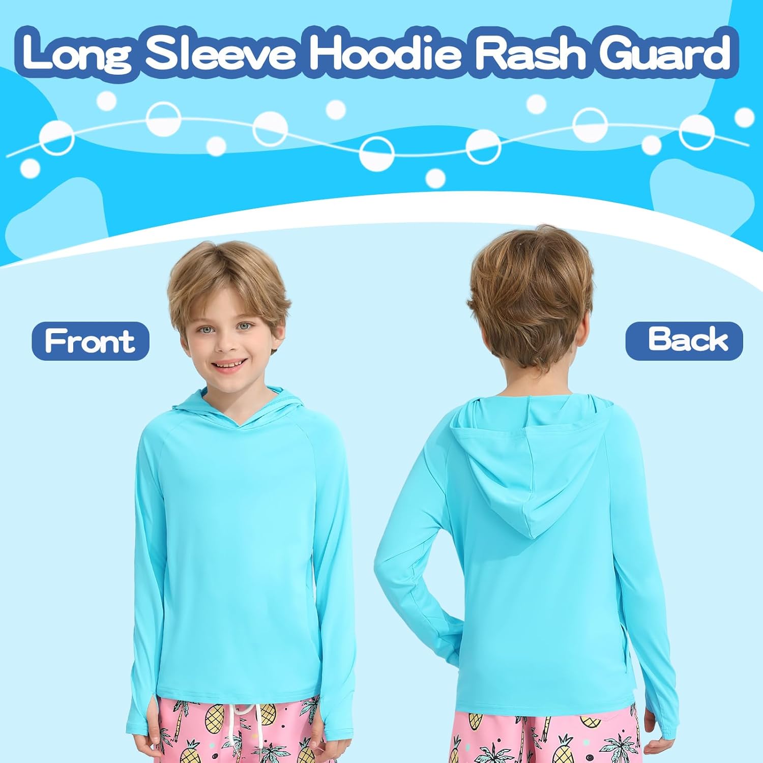 Hotfiary Boys Rash Guard UPF 50+ Long Sleeve Hooded Swim Shirt for 5-14 Years with Thumbhole Pockets for Beach Fishing Hiking - Image 5
