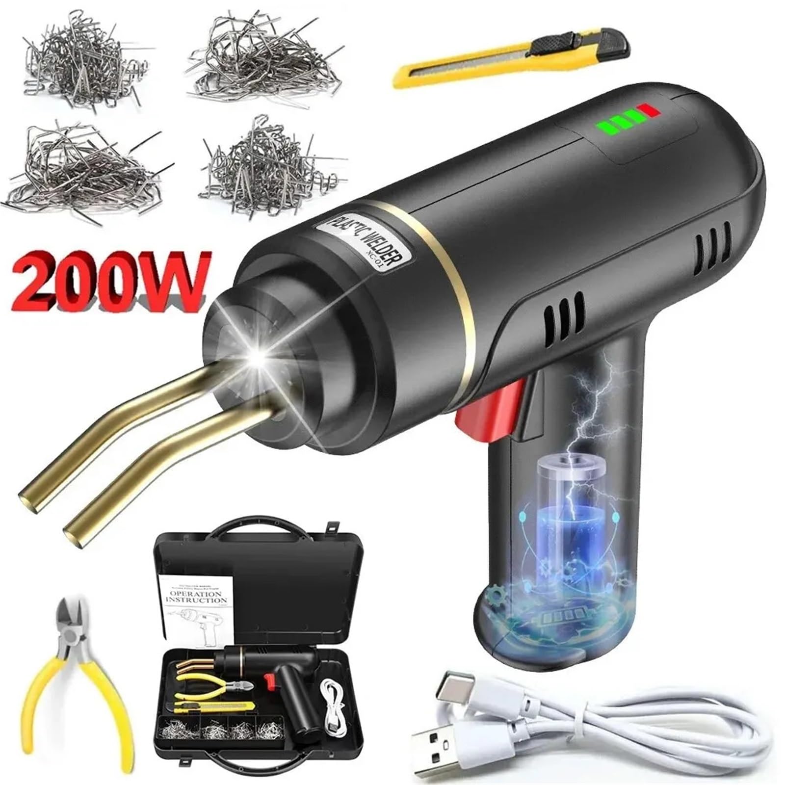 200W Hot Stapler Akumulatorowa spawarka do plastiku Zestaw do naprawy zderzaków Typ-C Akumulatorowa naprawa zderzaków samochodowych Maszyna do naprawy spawarki