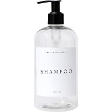 Sweet Water Decor Clear Plastic Jar | Refill Shampoo Dispenser | 16 oz Refillable Bottle with Pump | White Waterproof Label with Black Text | Rustic, Modern, Farmhouse Gift Shampoo