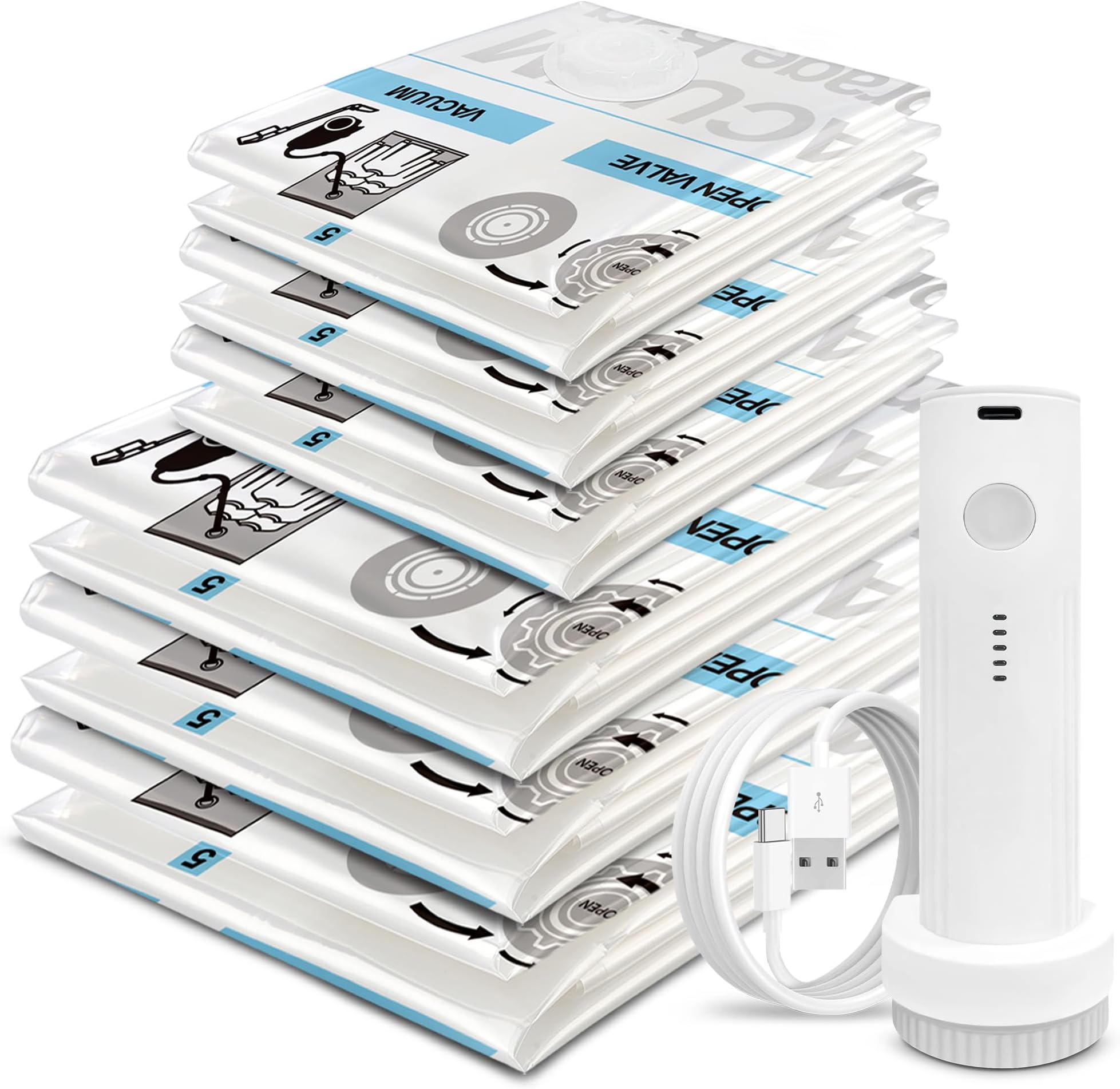 Storage Master Space Saver Bags for Travel and Home Reusable Vacuum Storage Bags Save 80% More Storage Space Work with Vacuum Cleaner (12 Combo with Electric Pump)