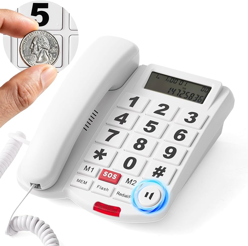 Teléfono de botón grande para personas mayores con identificador de llamadas con parlante, teléfonos de botón grande para personas mayores con discapacidad visual, timbre amplificado de 110 dB+ y volumen del parlante de 90 dB+ es ajustable para personas mayores con discapacidad auditiva