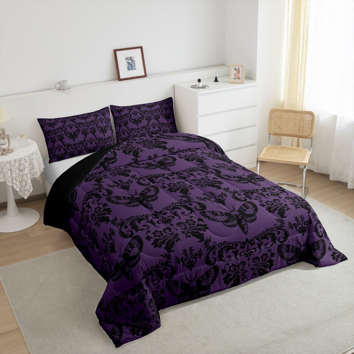 Erosebridal Gothic Bedding Purple Black Moth Goth Queen Comforter Set Vintage Damask Boho Bed Comforter Set for Kids Adults Men Women,Exotic Victorian Style Floral Animal Quilt 3 Pcs