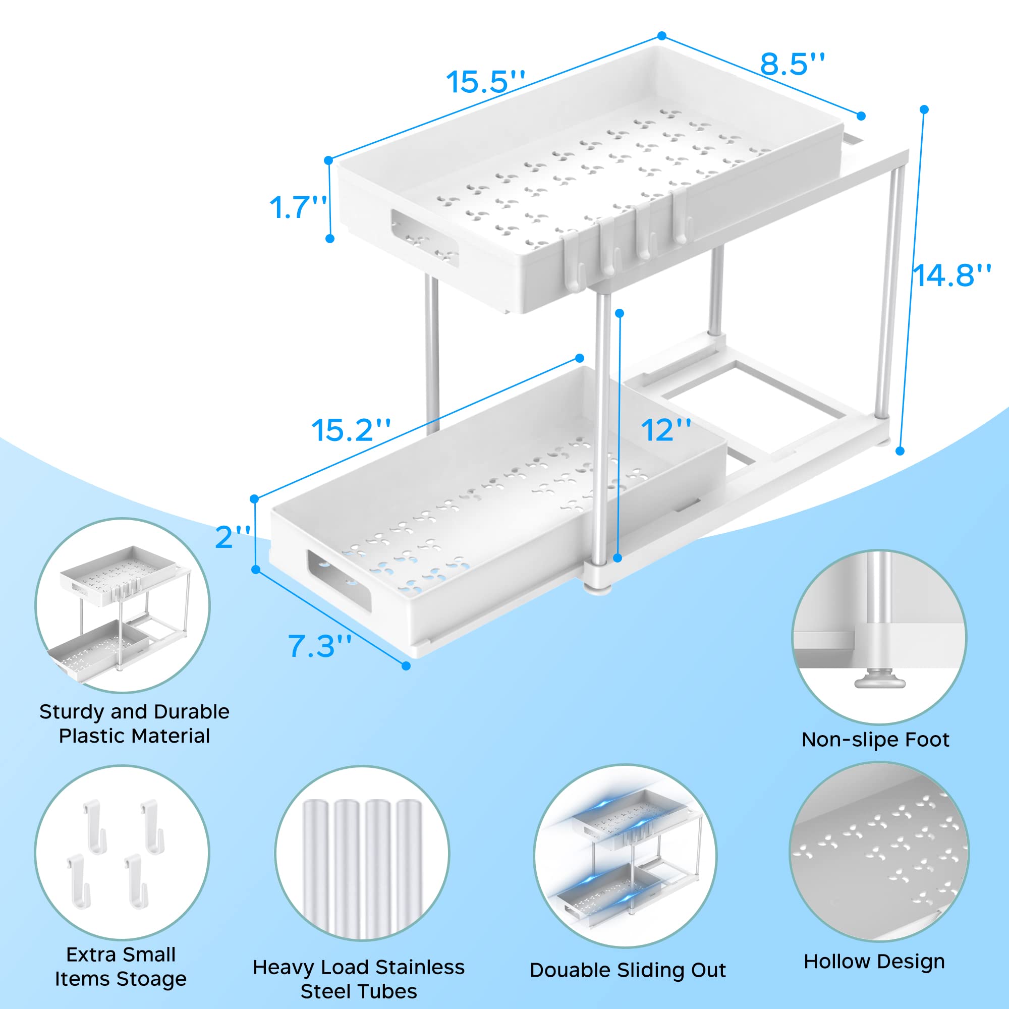 Lot de 2 organiseurs sous évier avec tiroir extractible, armoire de rangement à 2 niveaux pour cuisine et salle de bain, convient aux fournitures de nettoyage et aux articles de toilette, économie