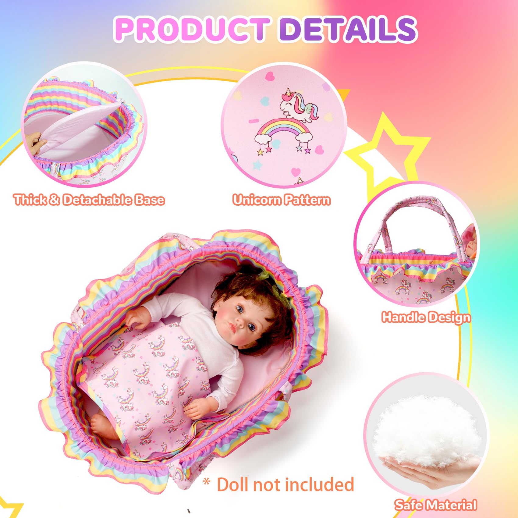ARTST Baby Doll Bed Set- Portable Bassinet for Dolls up to 53 cm - Handbag for Girl - Includes Blanket, Mattress, Quilt - Image 3
