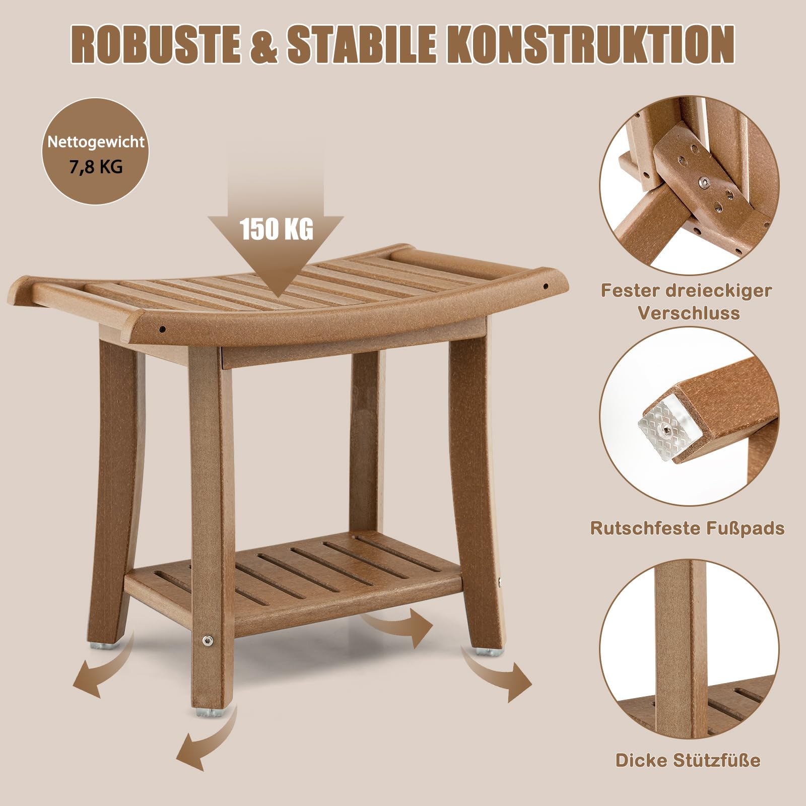 RELAX4LIFE Duschbank, Badezimmerbank mit Ablage Handtuchhalter, Badhocker mit Rutschfesten Füßen, Duschstuhl bis 150kg Belastbar, Duschsitz für Alte Schwangere, 60,5 x 34 x 45 cm (Braun)
