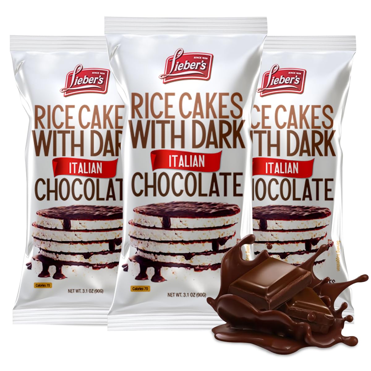 LIEBERS Dark Chocolate Rice Cakes - Kosher Dairy-Free, Gluten-Free, Low-Calorie Snacks (Italian Chocolate, Pack of 3)