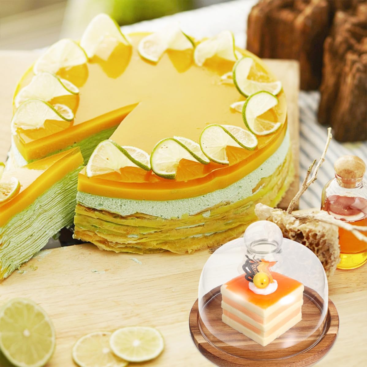 Alasum Bandeja para Tartas de Madera Cúpula de Vidrio para Cocina | Diseño Transparente Creativo, Acabado Fino, Cobertura de Alimentos y Conservación del Calor