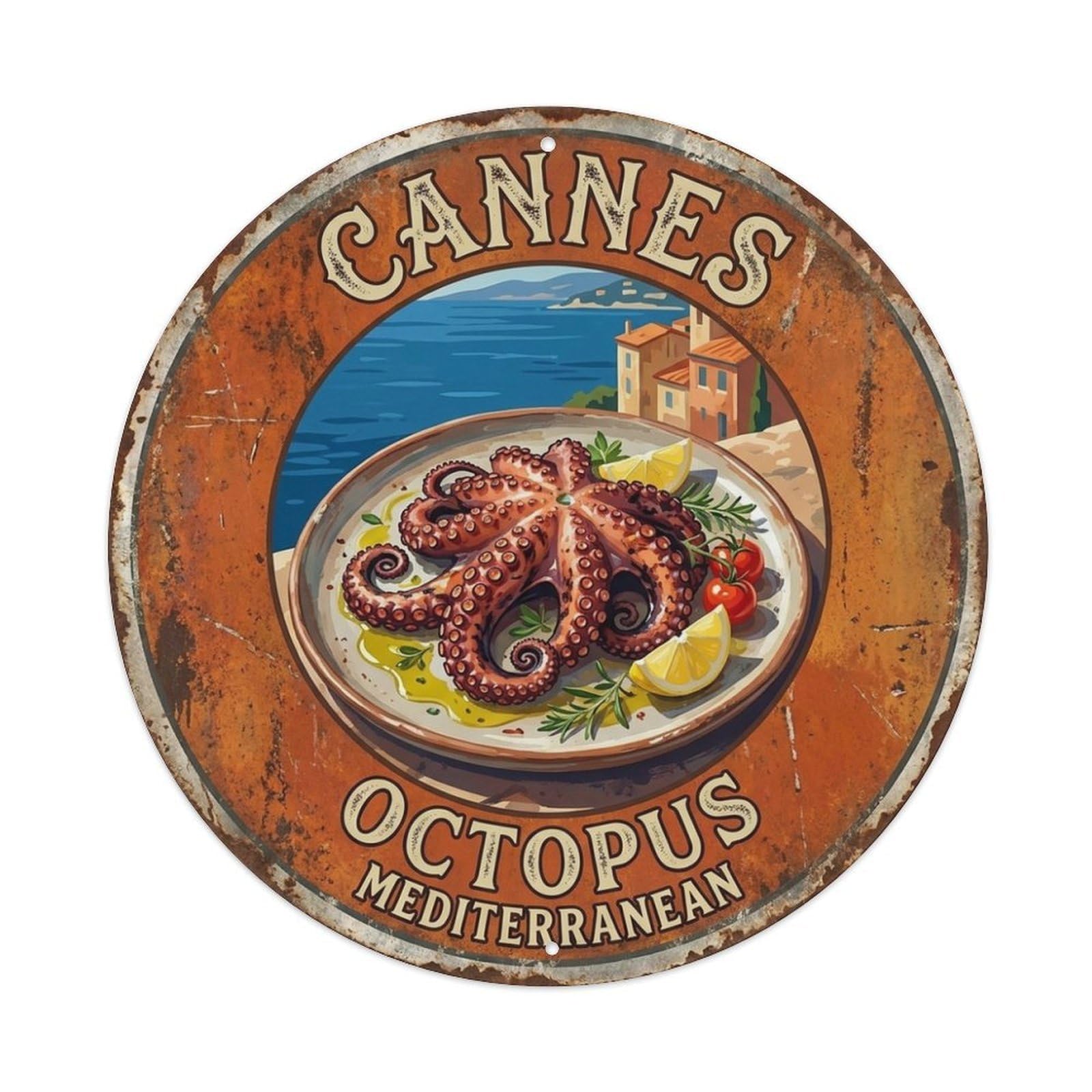 Retro Cannes Octopus French Riviera Cuisine Travel Metal Tin Sign