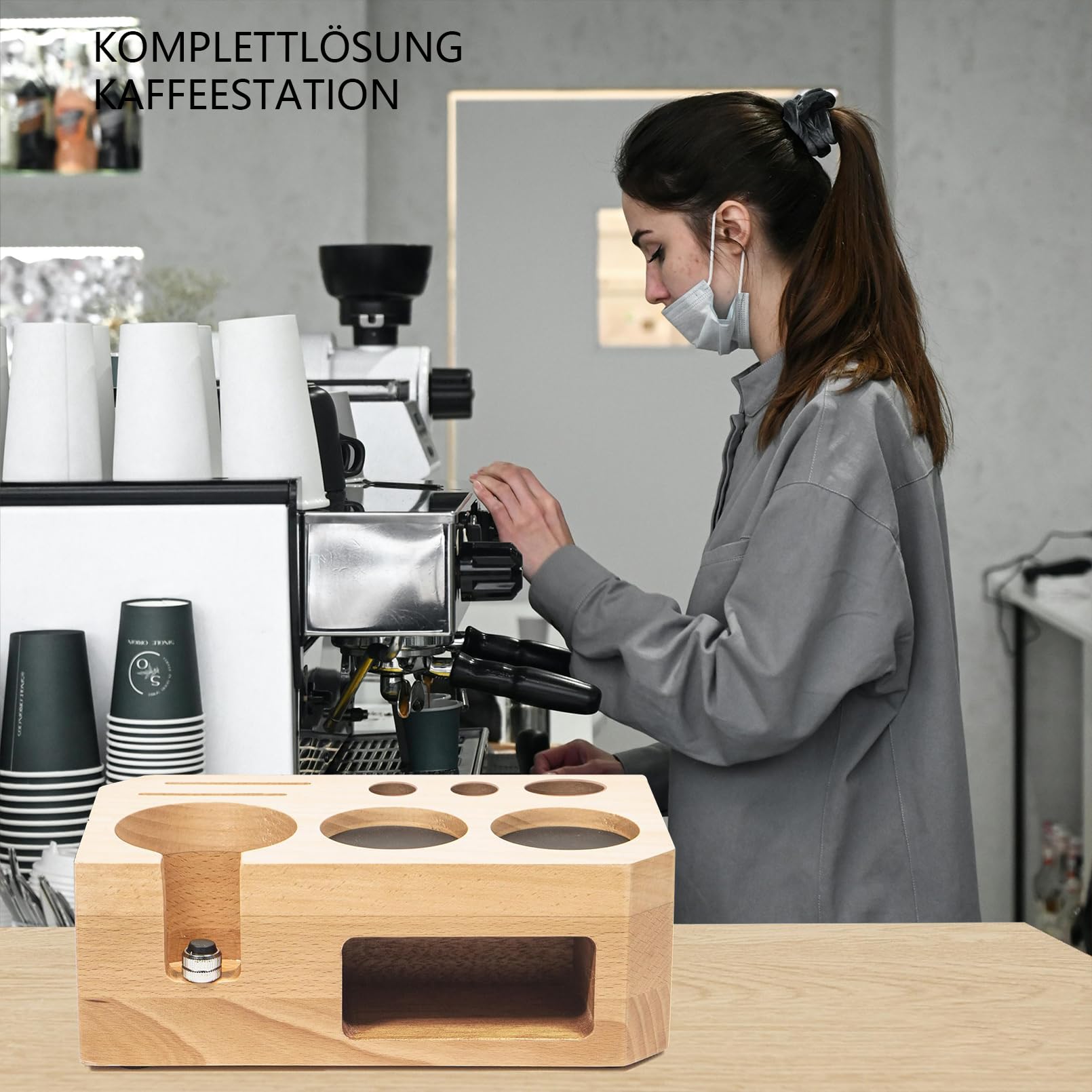 Generisch 58mm Kaffee-Stampfstation mit Tamperhalter aus Holz Barista-Zubehör für Perfect Tamp Buche Holz 51/54mm