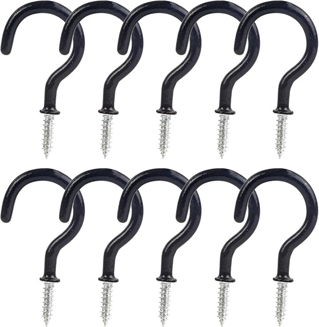 ITME 10 Pcs Cup Hooks Plastic Coated Metal Mug Cup Hooks Screw in Ceiling Hooks Screw-in Eye Hooks for Hanging Jewelry / Keys / Cabinet Shelf / Cup Holders ---Black