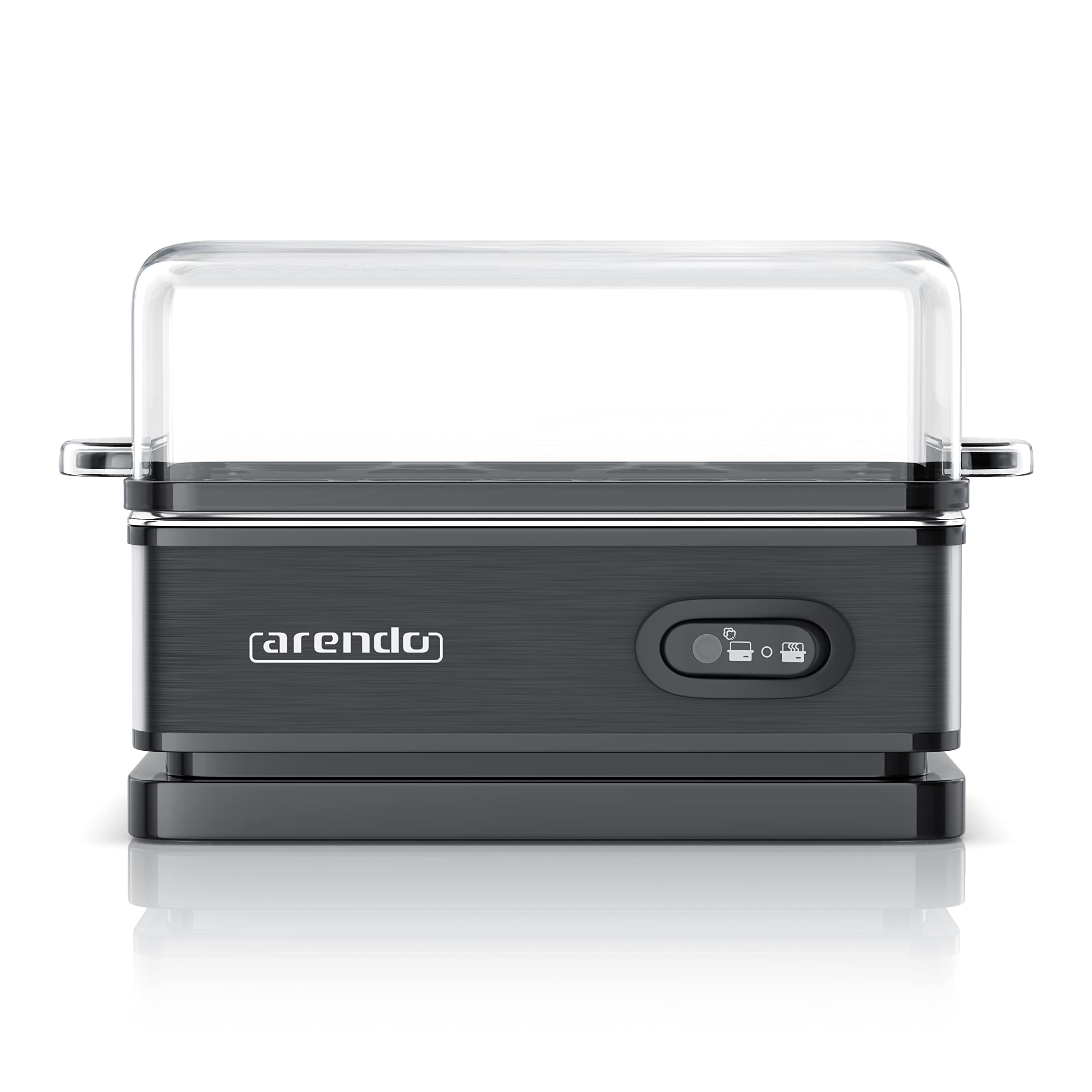 arendo – Cuiseur à œufs avec Fonction Maintien au Chaud - 1 à 6 œufs - Dur, Mollet ou à la Coque - Indicateur Lumineux - Verre doseur avec Perce-œufs - 400 W - Base Anti-dérapante – Noir