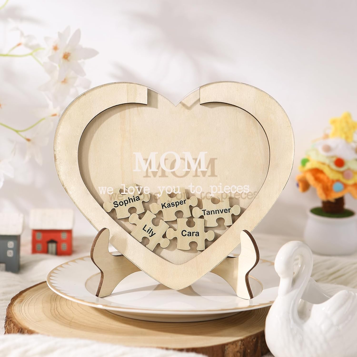 Personalized Gifts for Mom Puzzle Piece Sign Custom Wood Plaque Name Gift for Mothers Day Birthday Christmas Gift for Mom from Daughter (Heart, 5 Names)