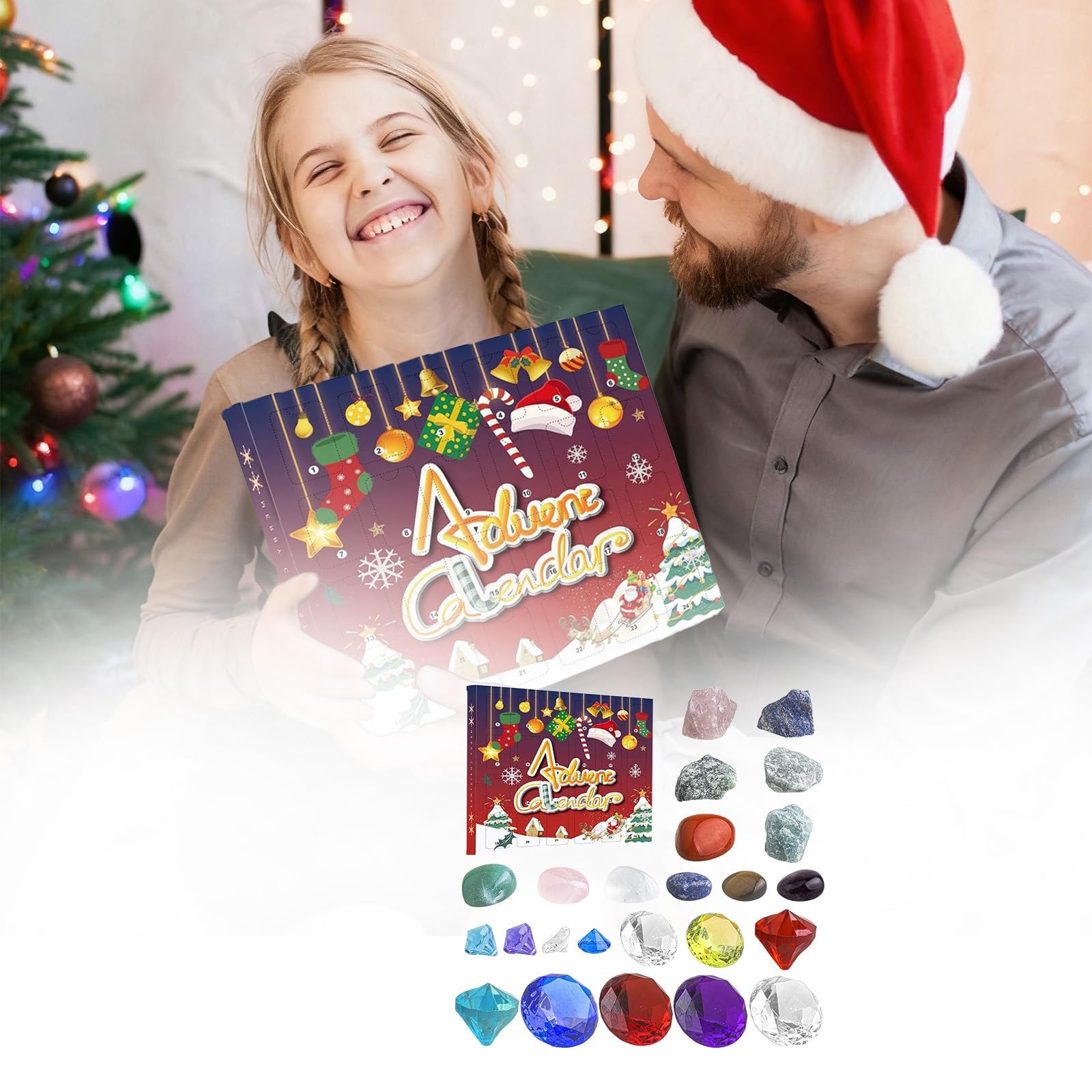 Giocattolo Conto Alla Rovescia Calendario dell'avvento con pietre preziose e conto alla rovescia con 24 sorprese per le feste dei bambini, adatto per Natale (Red, 27x27x3. 3cm)
