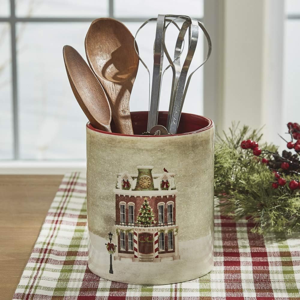 Park Designs Vintage Town Square Utensil Crock | Holiday Ceramic Kitchen Holder with Nostalgic Artwork | Festive Countertop Organizer for Cooking Tools | Decorative Christmas Accent for Seasonal Homes
