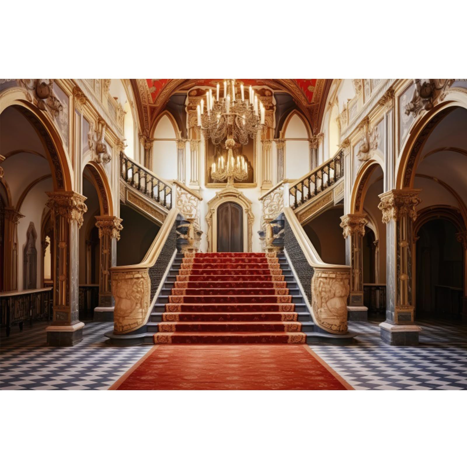 YongFoto Palace Castle Backdrop 10x6.5ft Luxury Stairway Red carpet Archway Chandeliers Photography Background Birthday Bridal Shower Wedding Party