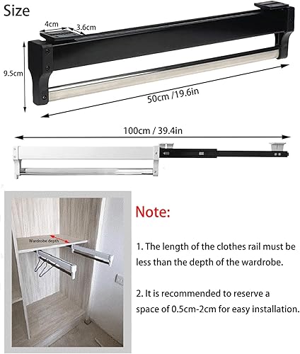 Miniatura 9 de Riel de acero inoxidable extraíble para colgar ropa, 11.8 in-31.5 in, riel retráctil para ropa de armario, riel de ropa ajustable para armario,