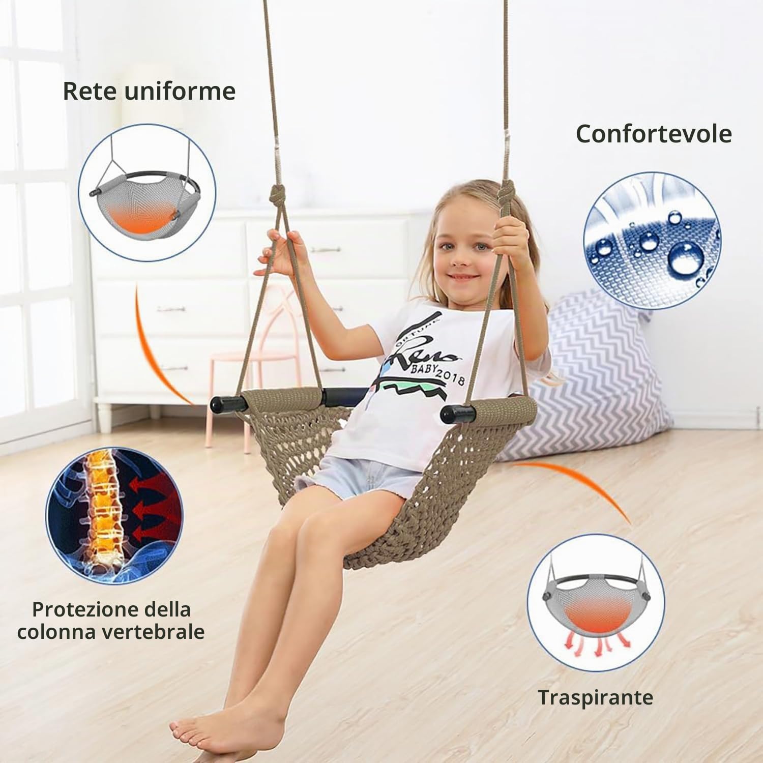 Altalena da Giardino per Bambini con Corde Regolabili, Altalena Per Bambini Lavorata A Mano, Ideale Per Alberi, Interni All'aperto, Parco Giochi, Cortile (KHAKI)