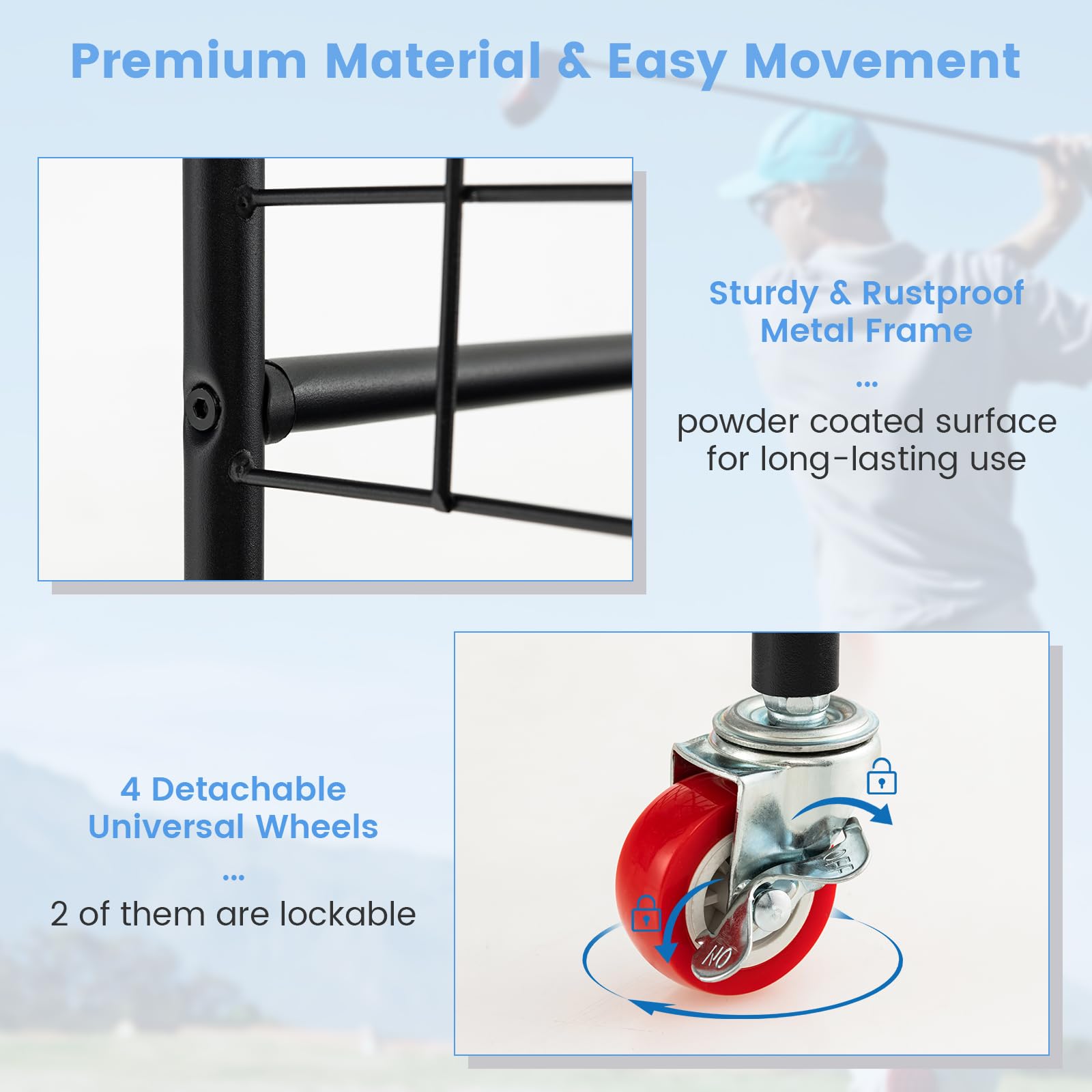 GYMAX Organiseur de Rangement pour Clubs de Golf avec 4 Roues Universelles, Rangement Clubs Golf en Métal pour Sac et Accessoires de Golf avec Étagères, 120,5x37,5x105 cm
