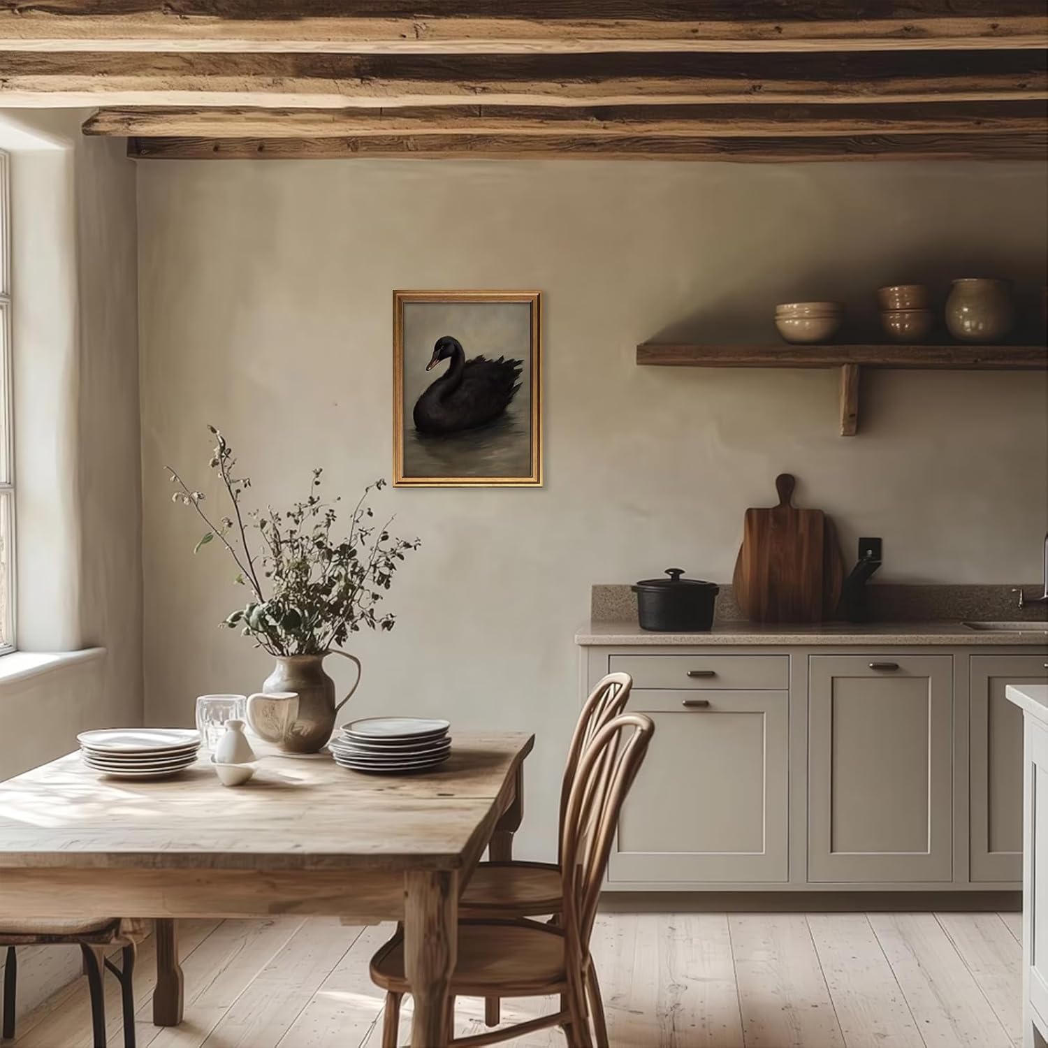 Aroutde Framed Swan Canvas Wall Art for Living Room, Vintage Gold Framed Black Swan Painting Wall Decor, Moody Animal Farmhouse Artwork Home Decor 16W''x 24L''