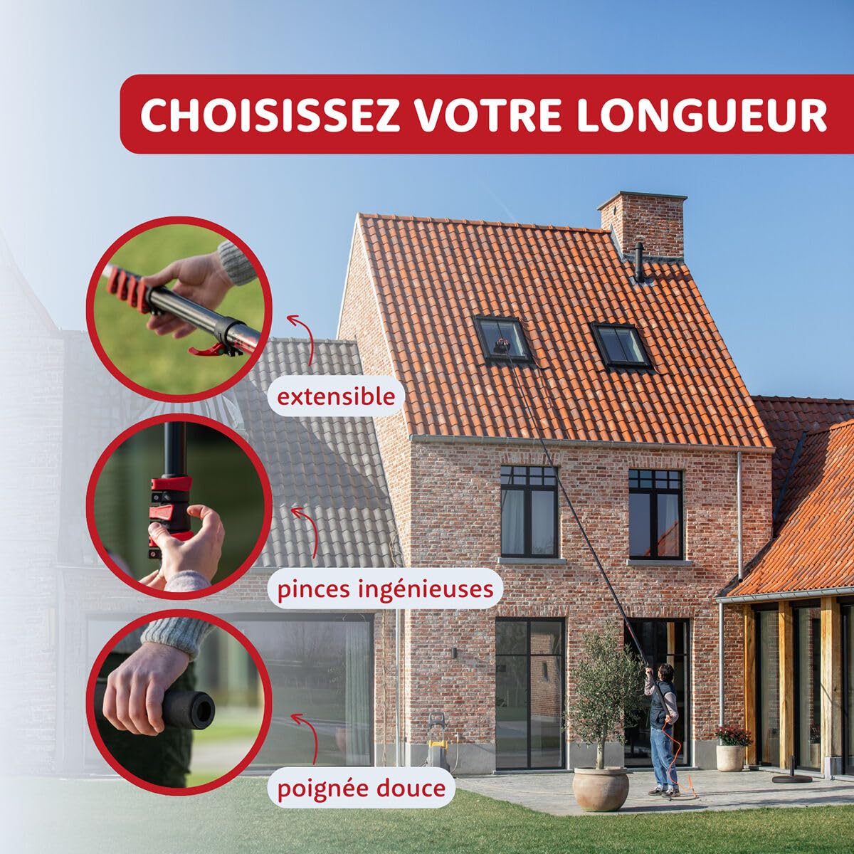 Aquascopic Manche Télescopique Aluminium 10 m avec Brosse de Nettoyage – Perche Extensible Duo pour Piscine, Toit, Panneaux Solaires, Camping-Car, Fenêtres