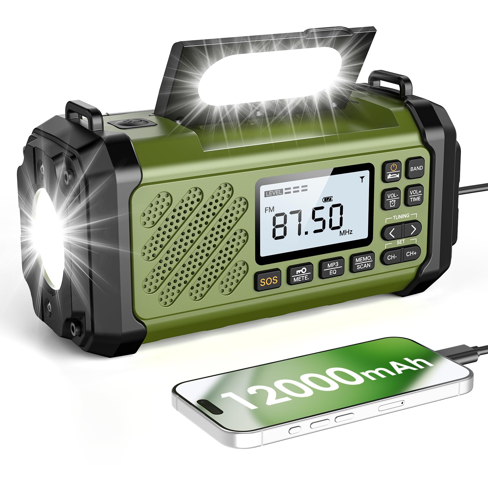 Vikeri Radio Solar 12000 mAh, Radio Solar de Emergencia con Manivela, Am/FM/SW, Luz LED, Alarma SOS, Brújula, Carga USB-C, Diseño Portátil con Cordón, para Camping y Apagones | AM/FM/SW, Alarma SOS & Brújula, Linterna LED, impermeable IPX6, correa & mosqu