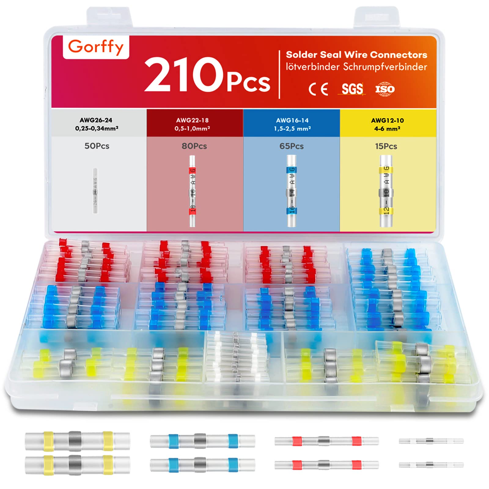 Solder Seal Wire Connectors 210 Pcs, Automotive Electrical Connectors, Waterproof Heat Shrink Connector, Electric Shrink Wrap for Wires Cable Joint