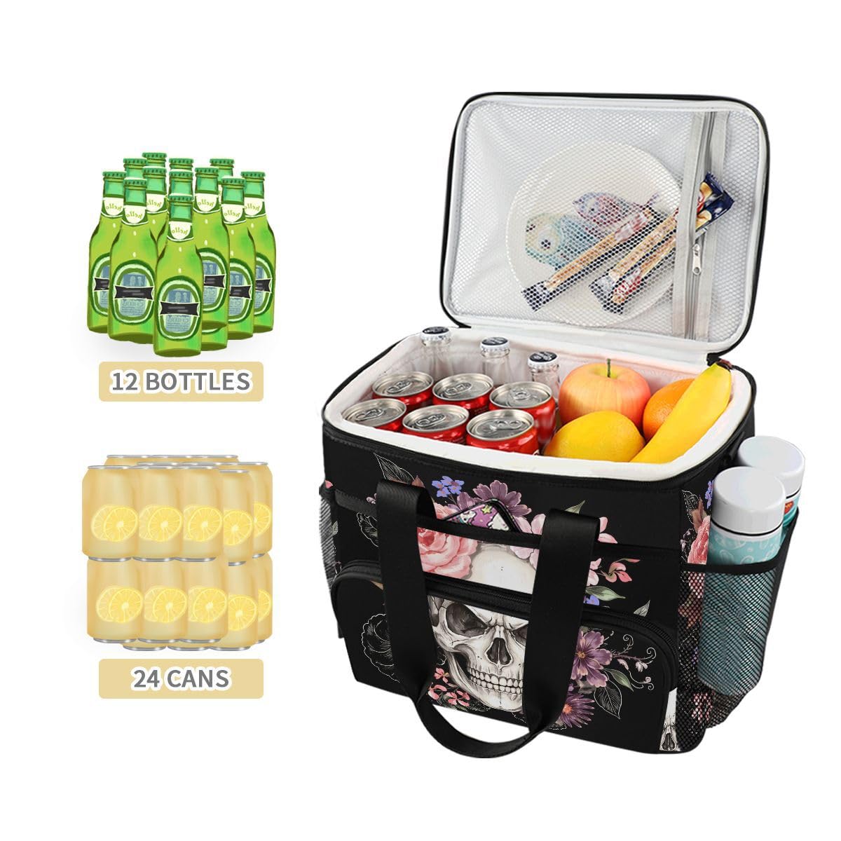 ALAZA Sugar Skulls Rose Große Kühltasche Lunchtasche wasserdichte Kühltasche für Camping, Picknick, Grill, Familie Outdoor-Aktivitäten Large Multi02
