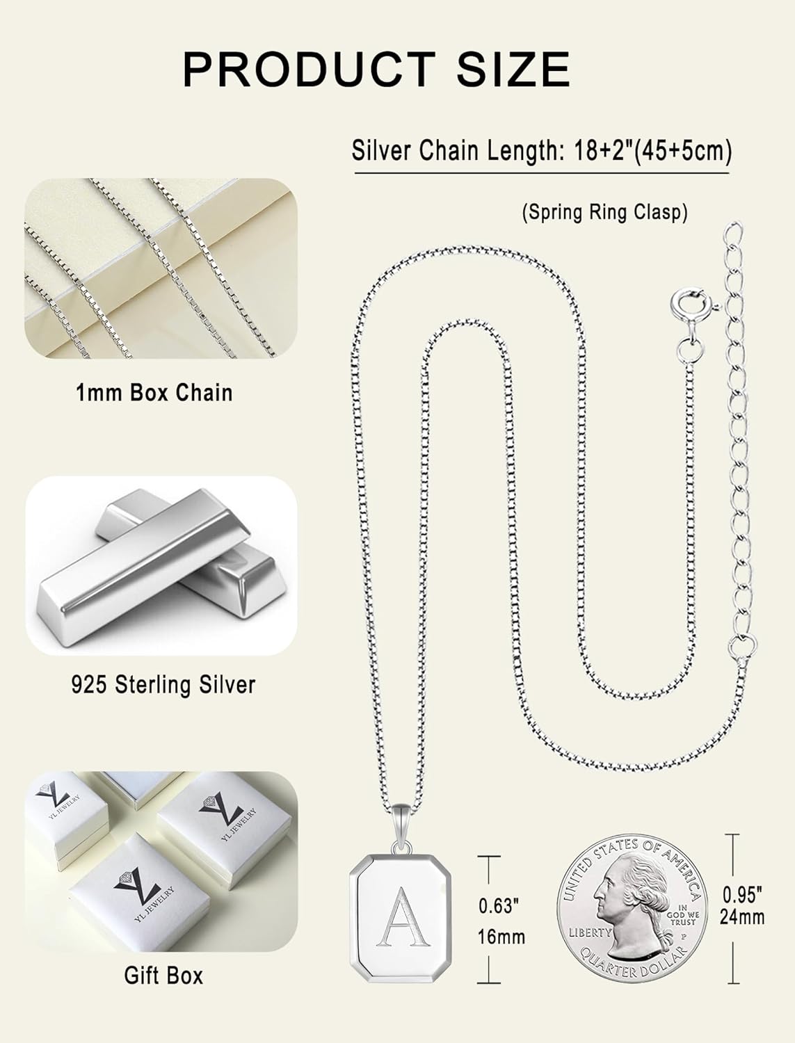 YL Initial Necklace 925 Sterling Silver Square/Round/Heart Letter Pendant A-Z Alphabet Polished Jewelry for Women - Image 5