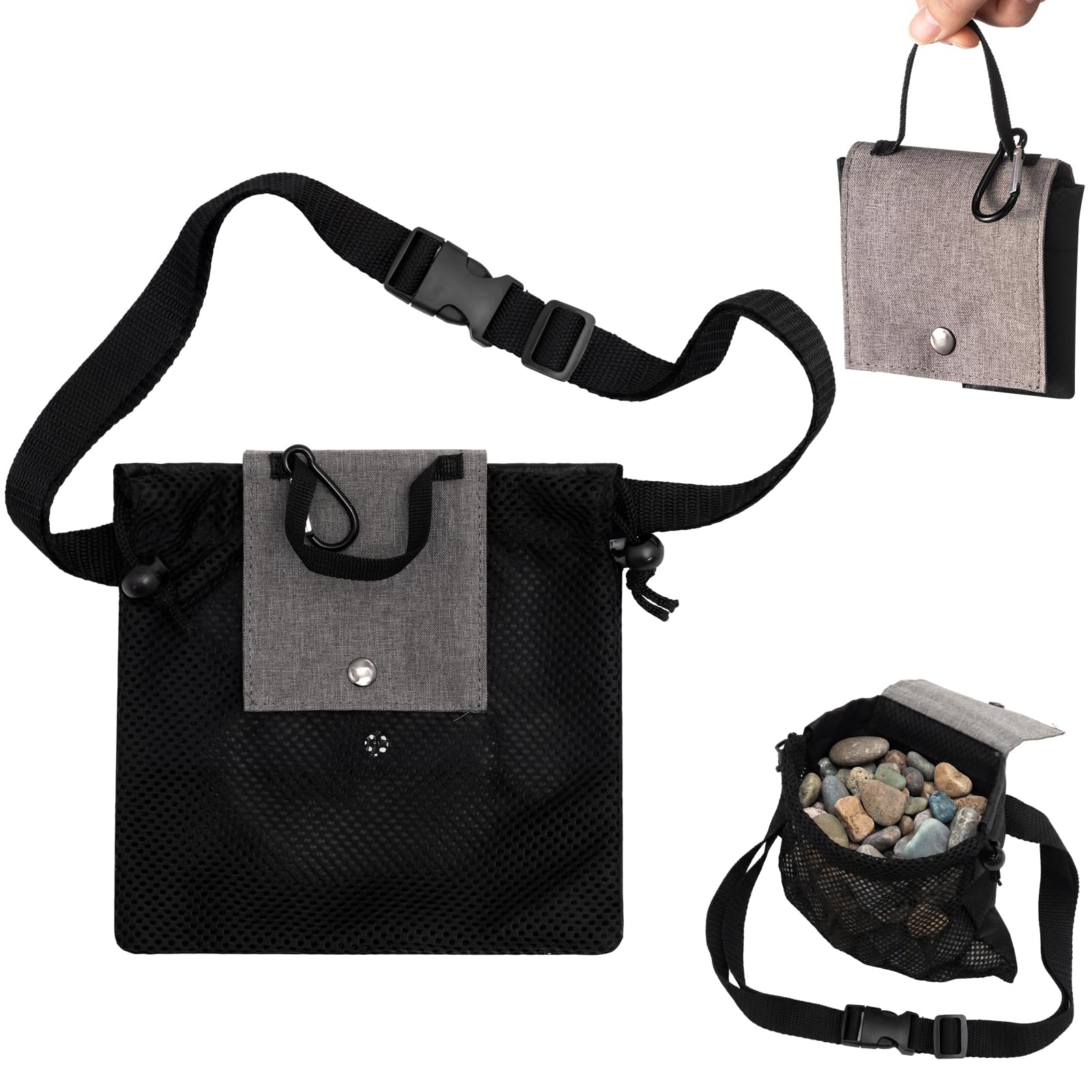 View 1 of 1 Pack Foldable Rock Collecting Bag with Belt 8x8 Inch 3 Ways to Carry