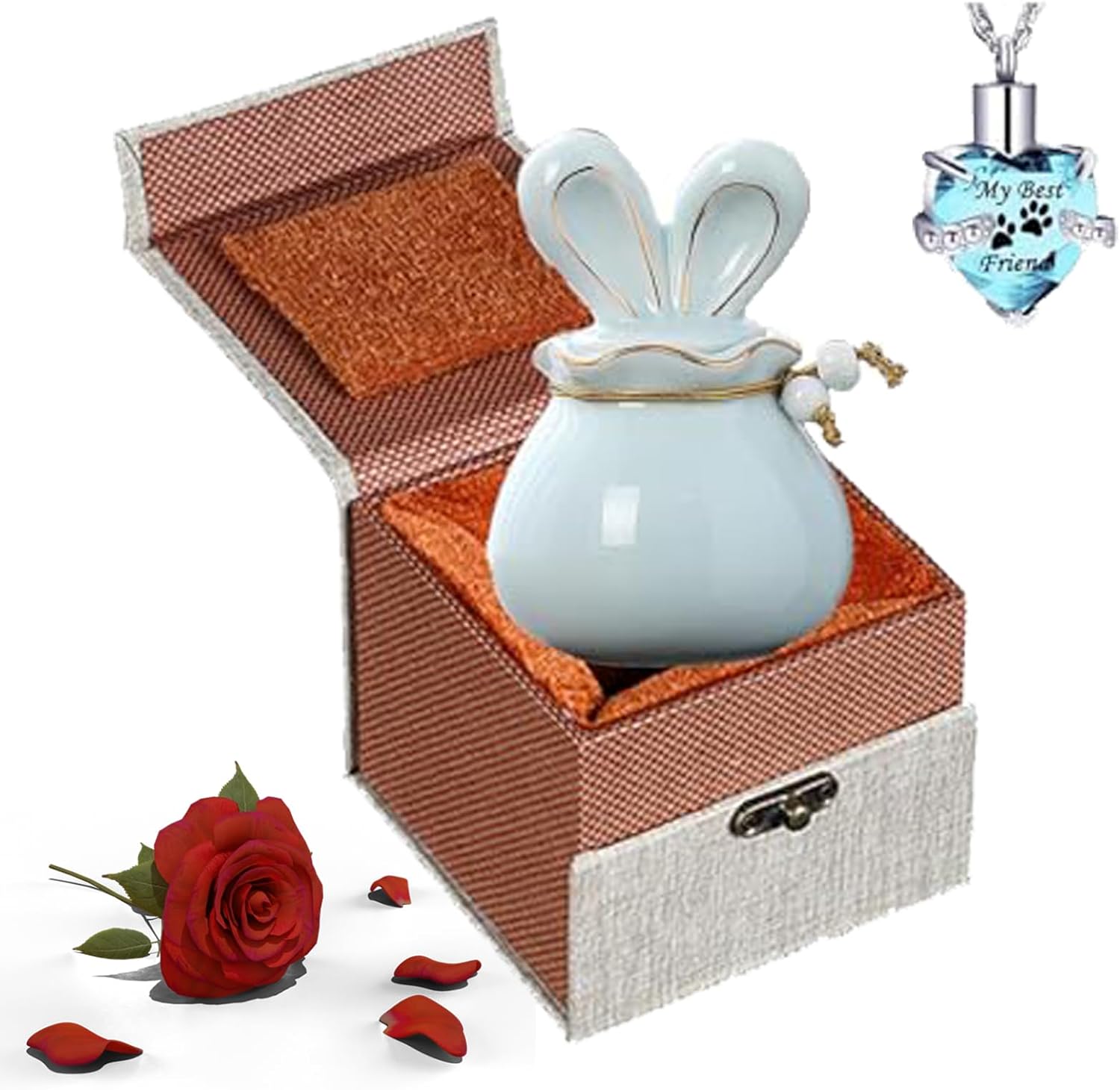 Ceramic Small Cremation Urn for Pet Ashes with Rabbit Ear Design,Includes Velvet Bag and Urn Necklace,Keep Your Beloved Pet Close to Your Heart Forever with This Decorative Mini Urns (Blue)