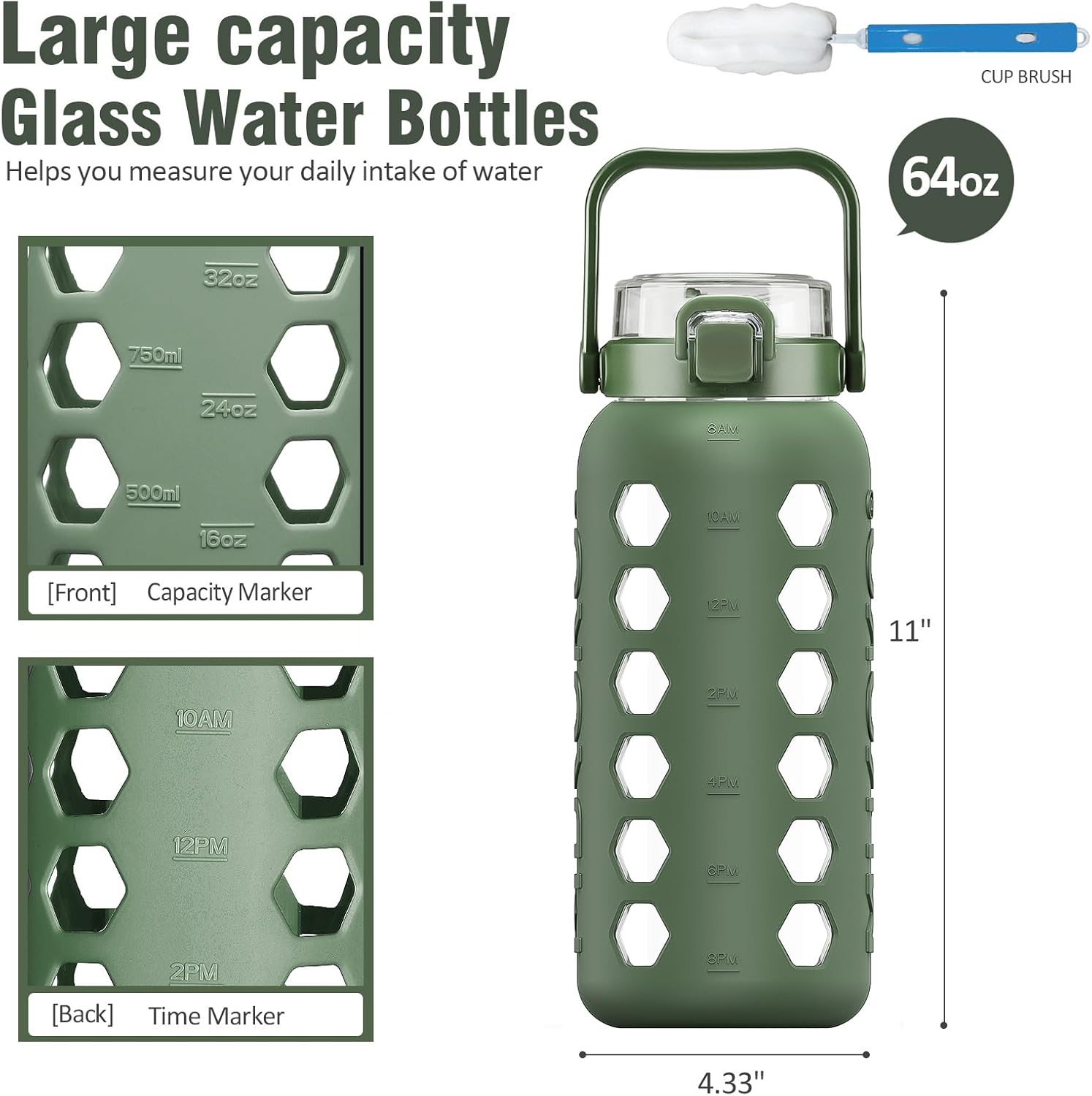 MUKOKO Half Gallon/64 oz Glass Water Bottles with Straw and Lid,Motivational Water Jug with Time Marker Reminder and Silicone Sleeve,100% Leakproof BPA Free Fitness Sports Large Bottle-Olive - Image 2